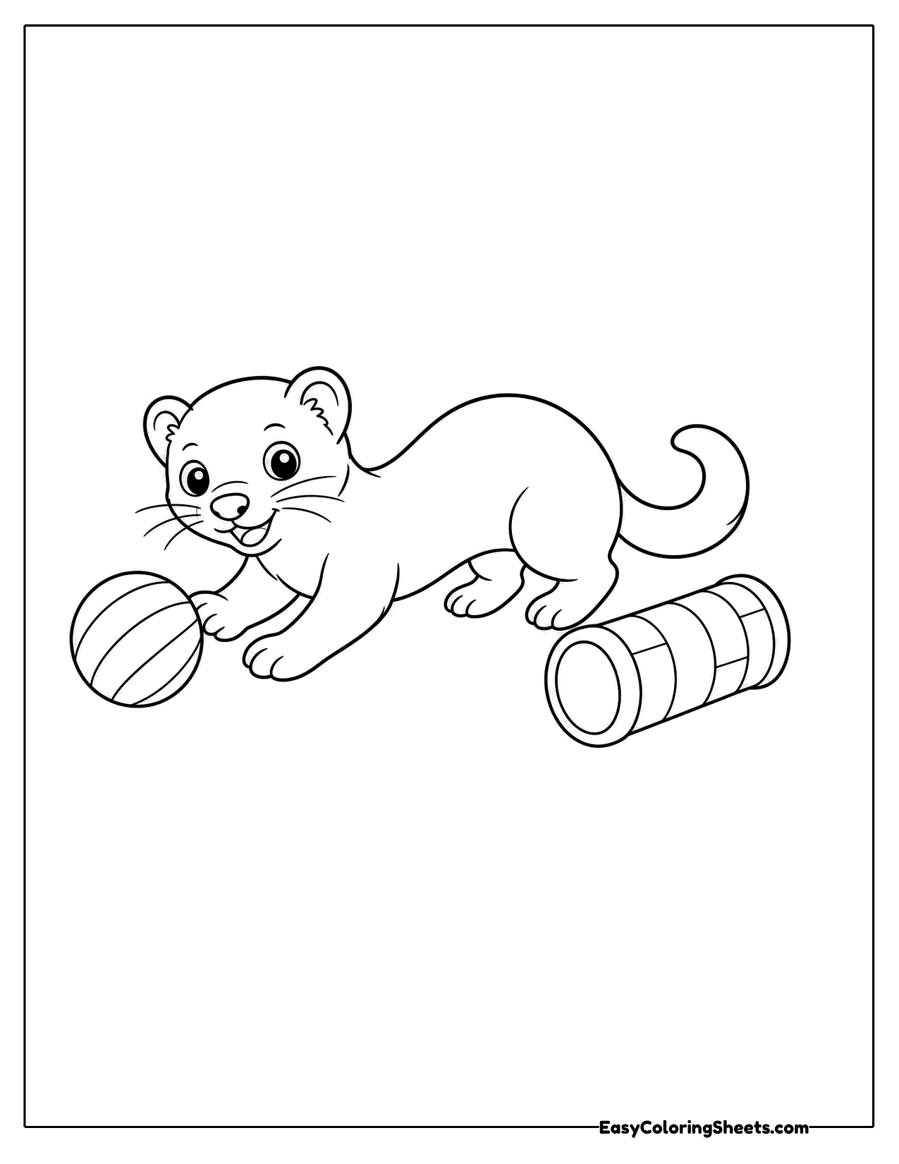 Ferret crouching to play with a ball and a tunnel toy