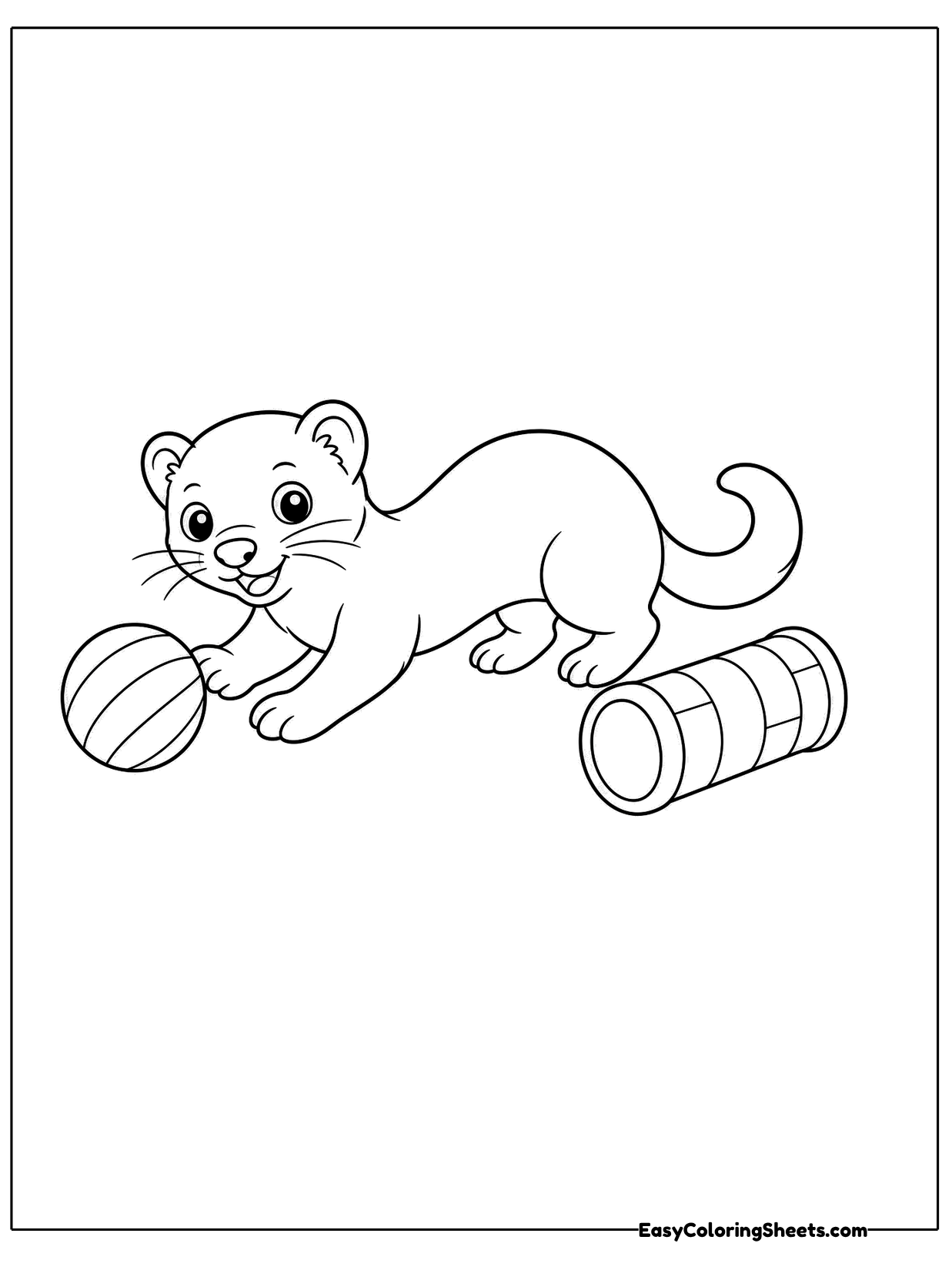 A ferret stretches low on the floor beside a striped ball and a ribbed play tunnel.