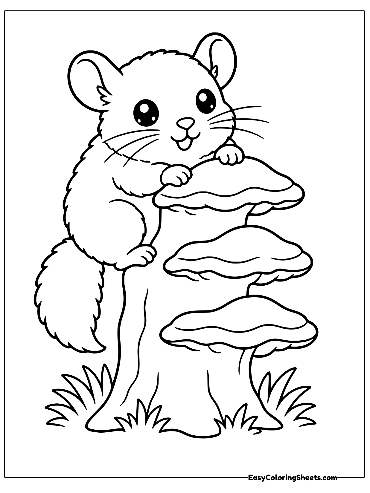 A chinchilla climbs a tall stalk lined with shelf shaped mushrooms, holding on with its small paws.