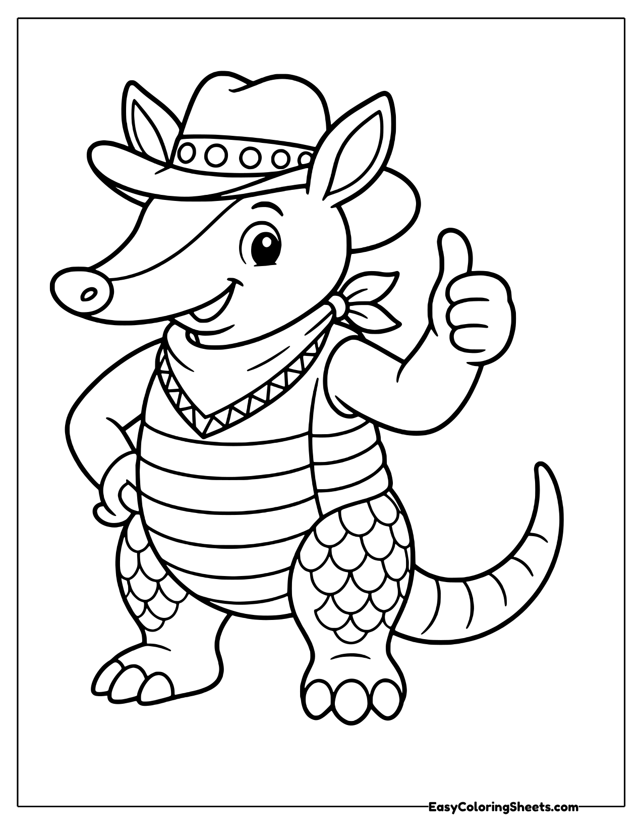 Armadillo cowboy in a hat and bandana giving a thumbs up