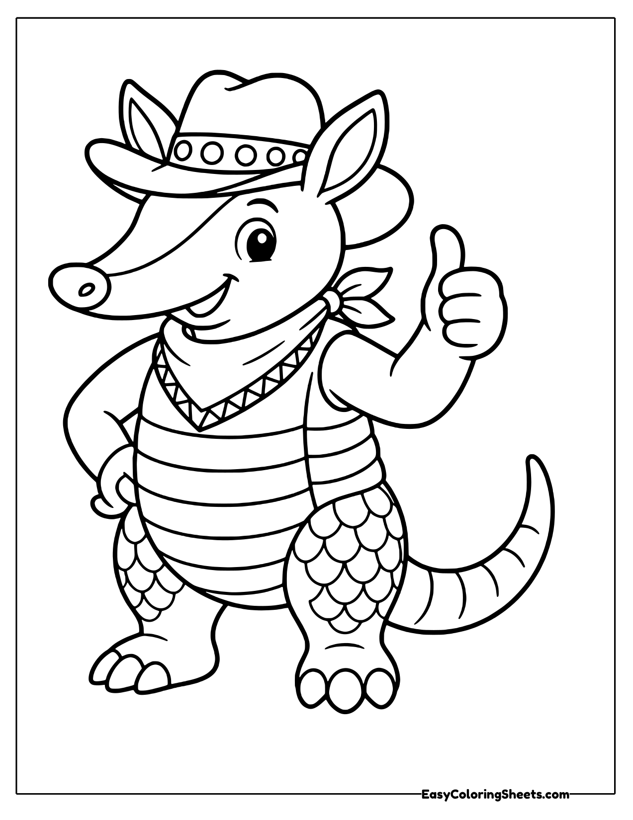 Armadillo cowboy in a hat and bandana giving a thumbs up