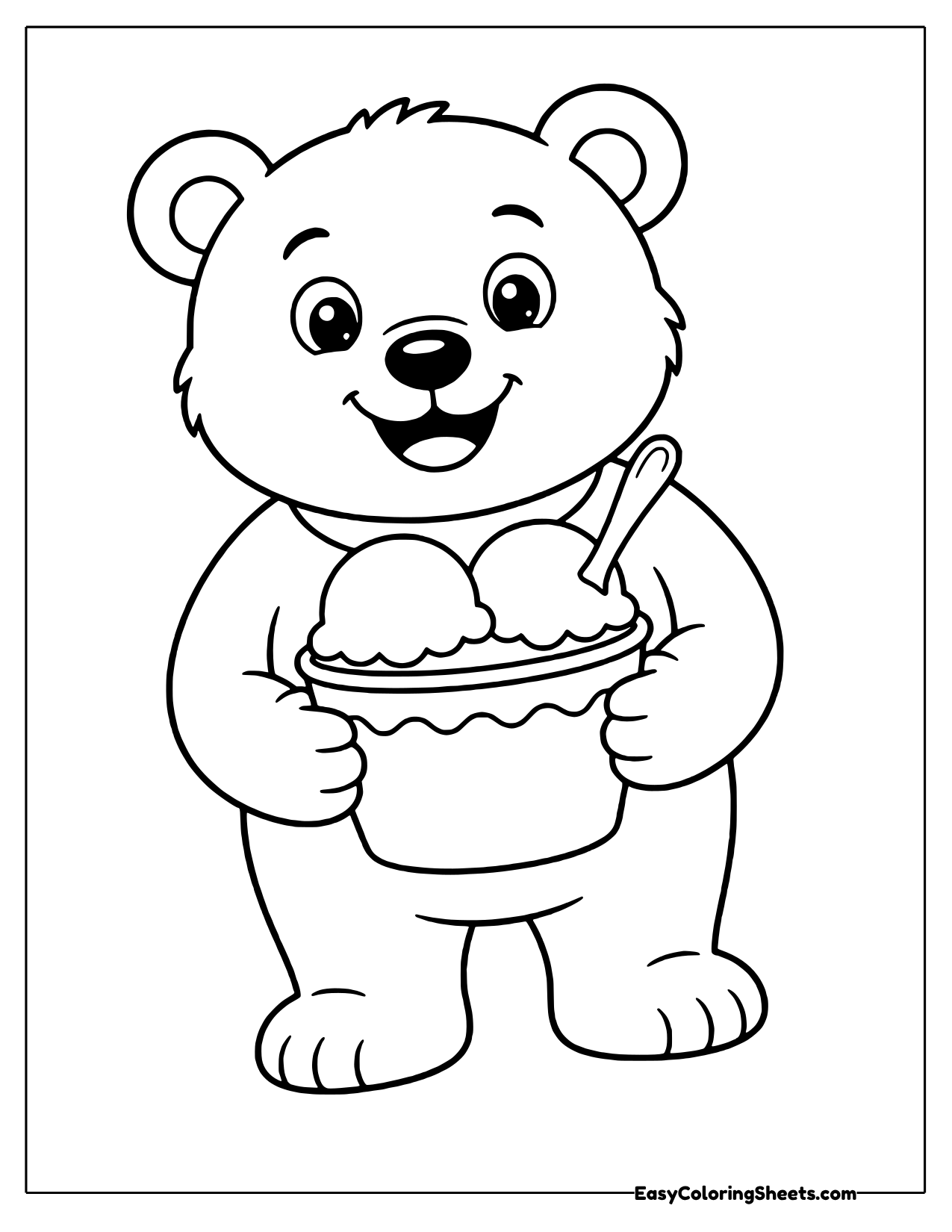 Smiling bear holding a cup of ice cream scoops with a spoon