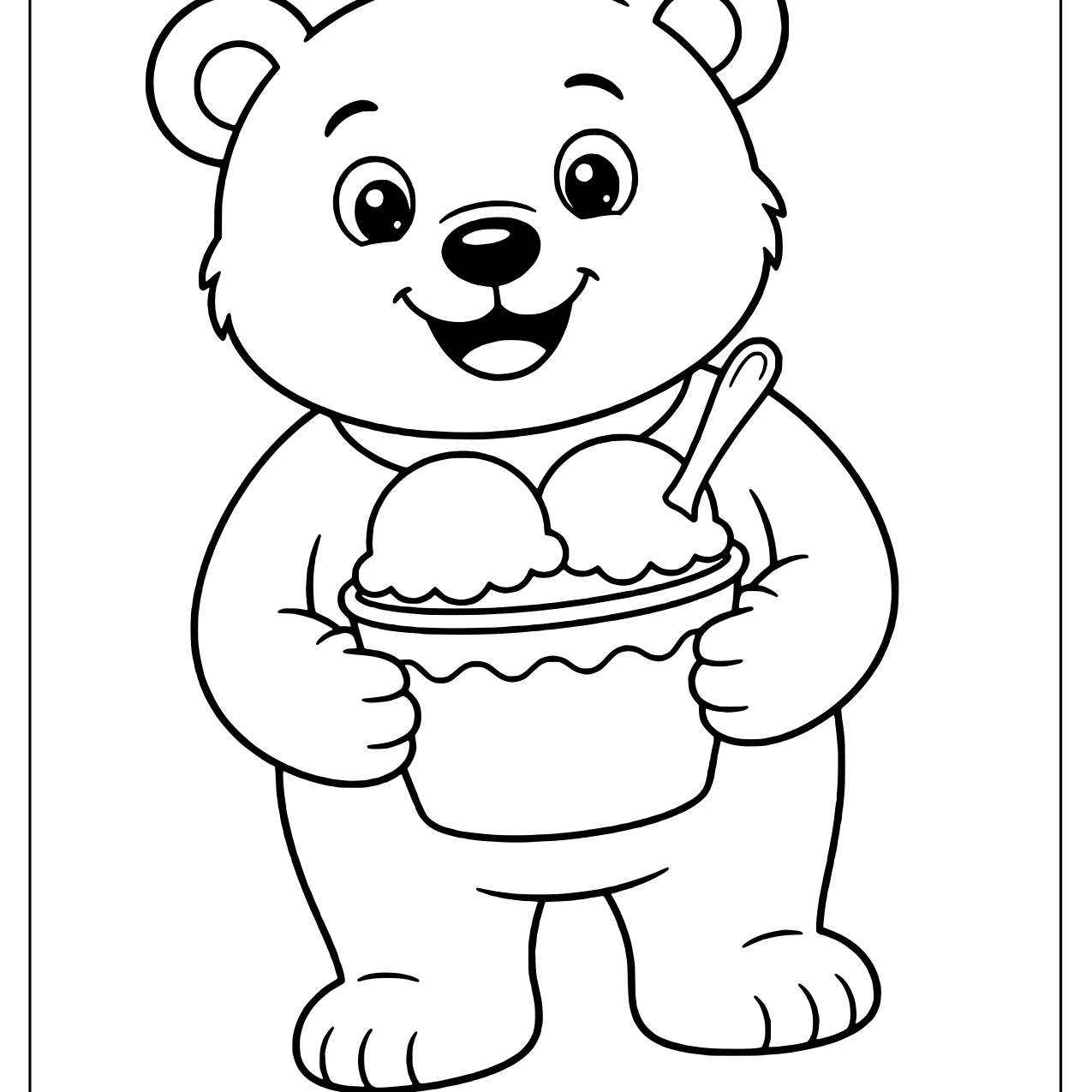 Smiling bear holding a cup of ice cream scoops with a spoon
