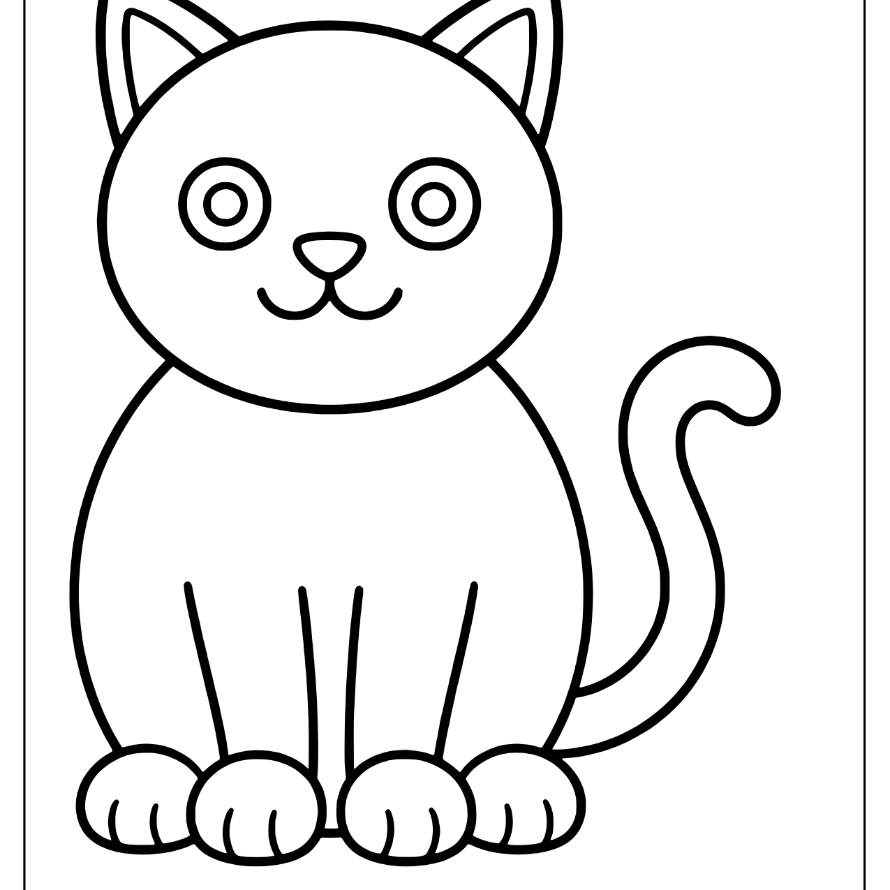 Sitting cat drawn with a circle head, triangle ears and oval body
