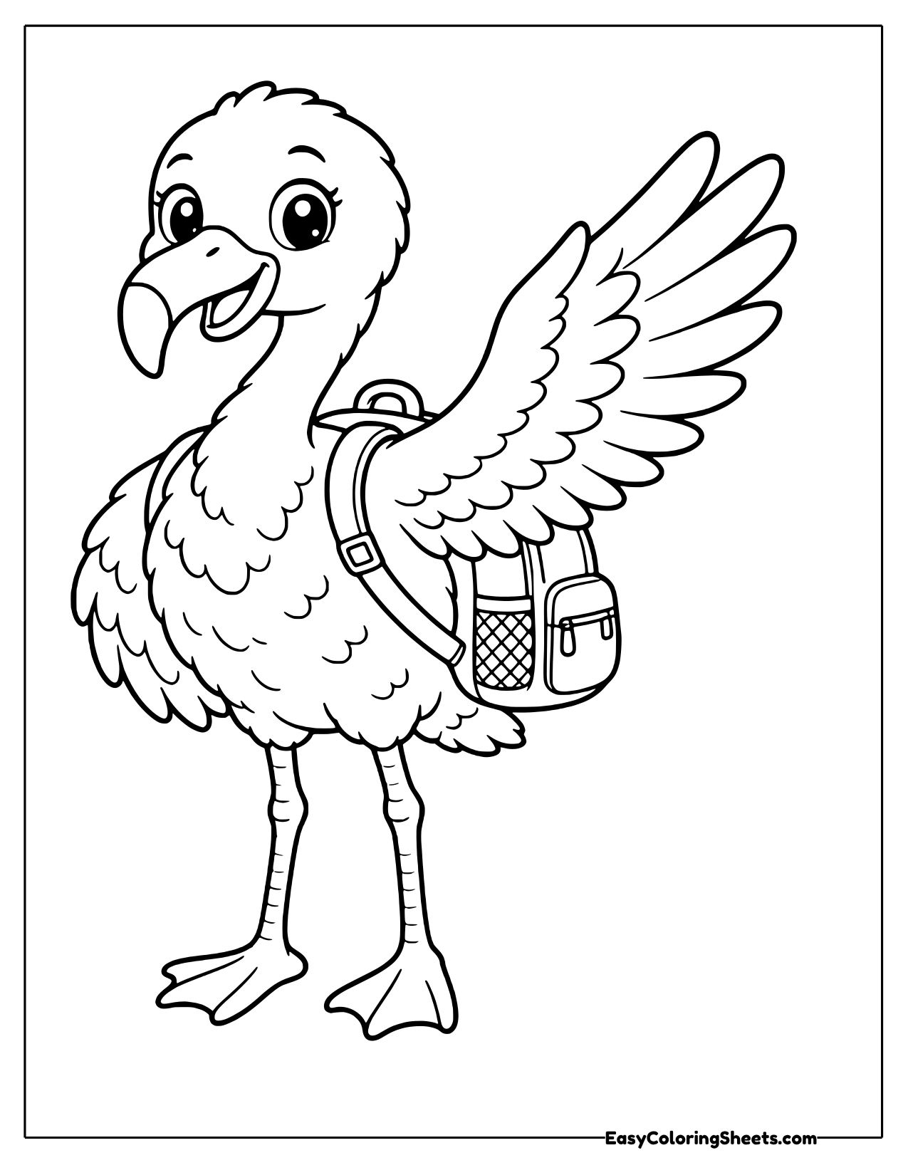 Flamingo wearing a backpack and waving a wing