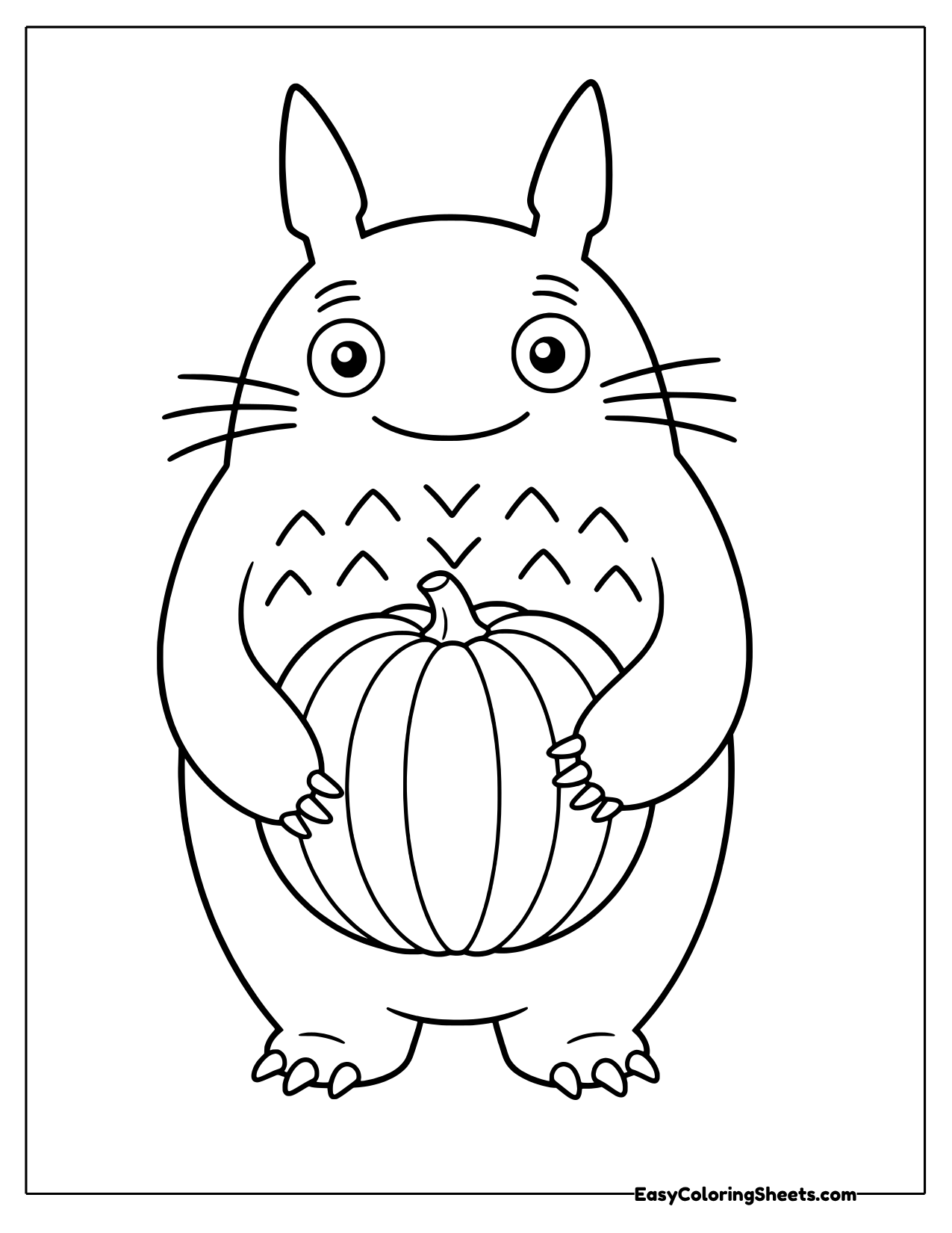 Totoro holding a large round pumpkin in front of his belly
