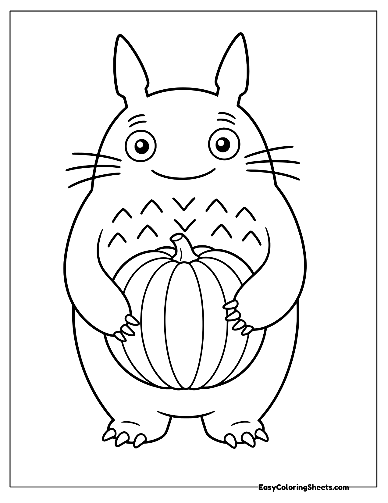 Totoro holding a large round pumpkin in front of his belly