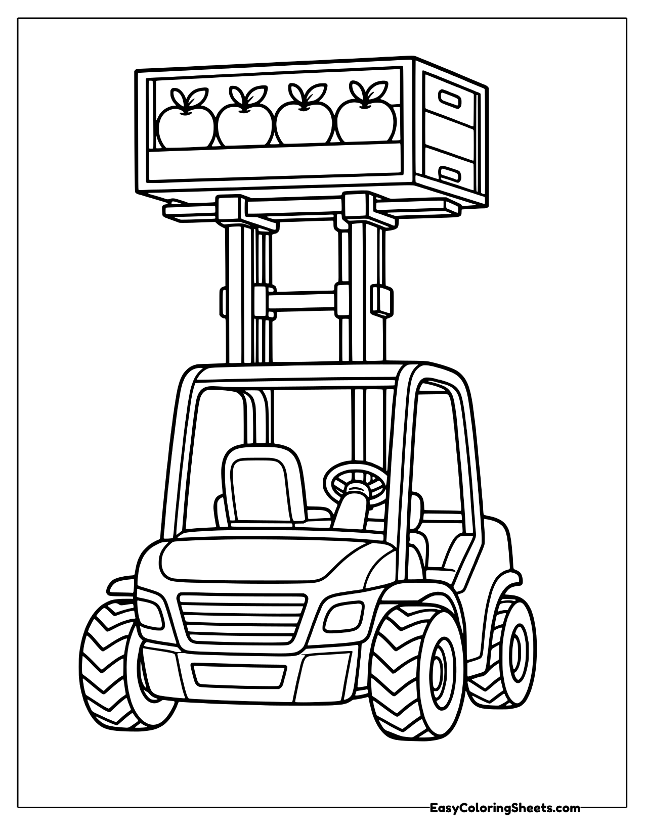 A rugged forklift with chunky tires raises a wooden crate packed with round apples high above its cab.