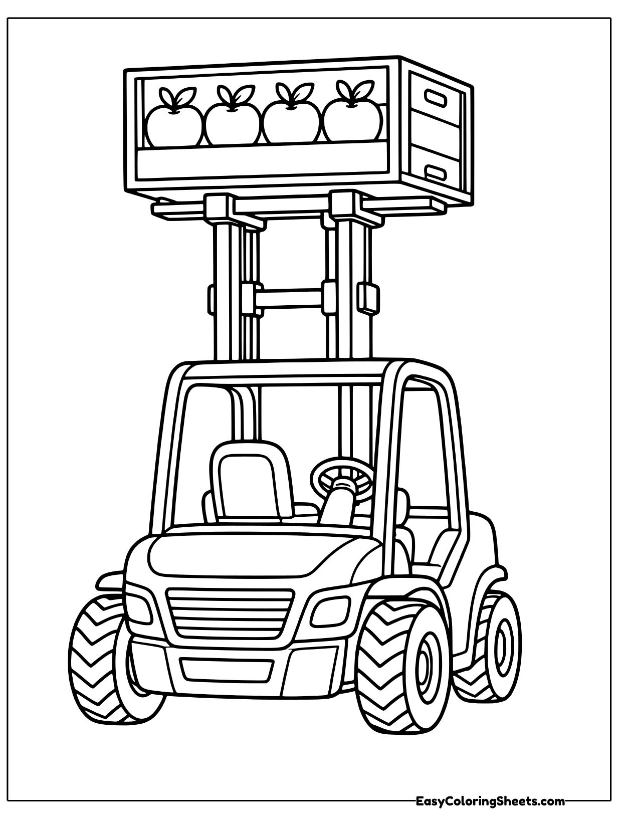 A rugged forklift with chunky tires raises a wooden crate packed with round apples high above its cab.