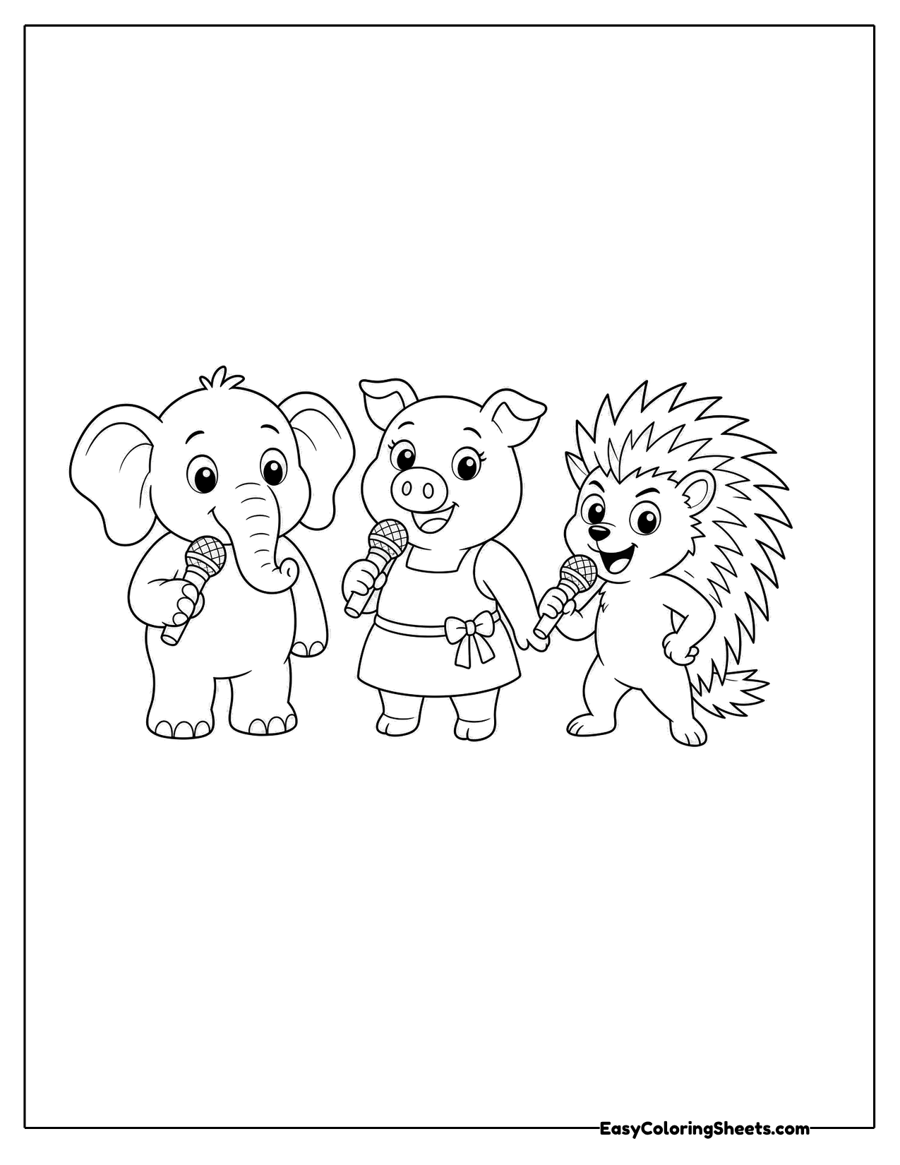 Elephant, pig and porcupine singing together with microphones