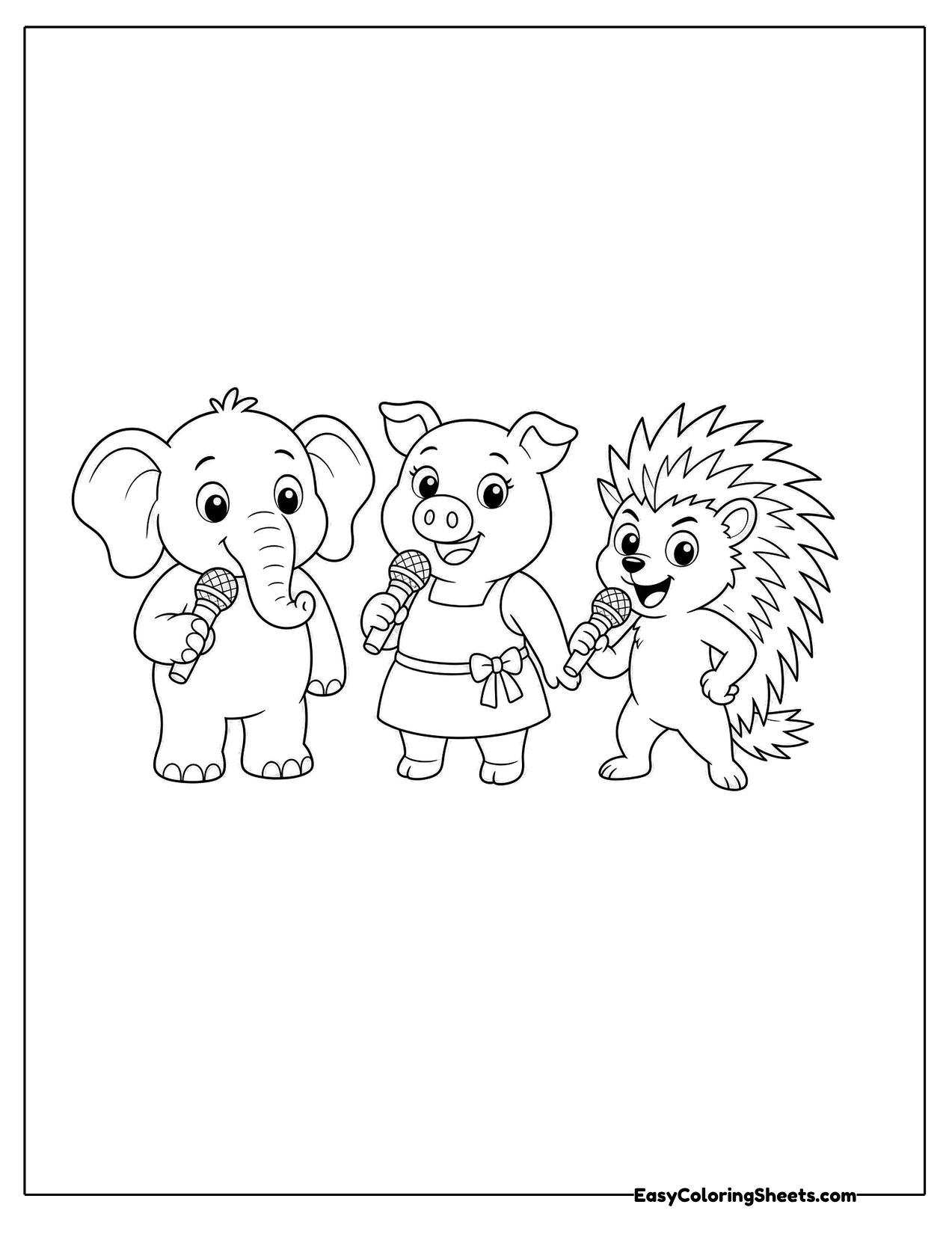 Elephant, pig and porcupine singing together with microphones