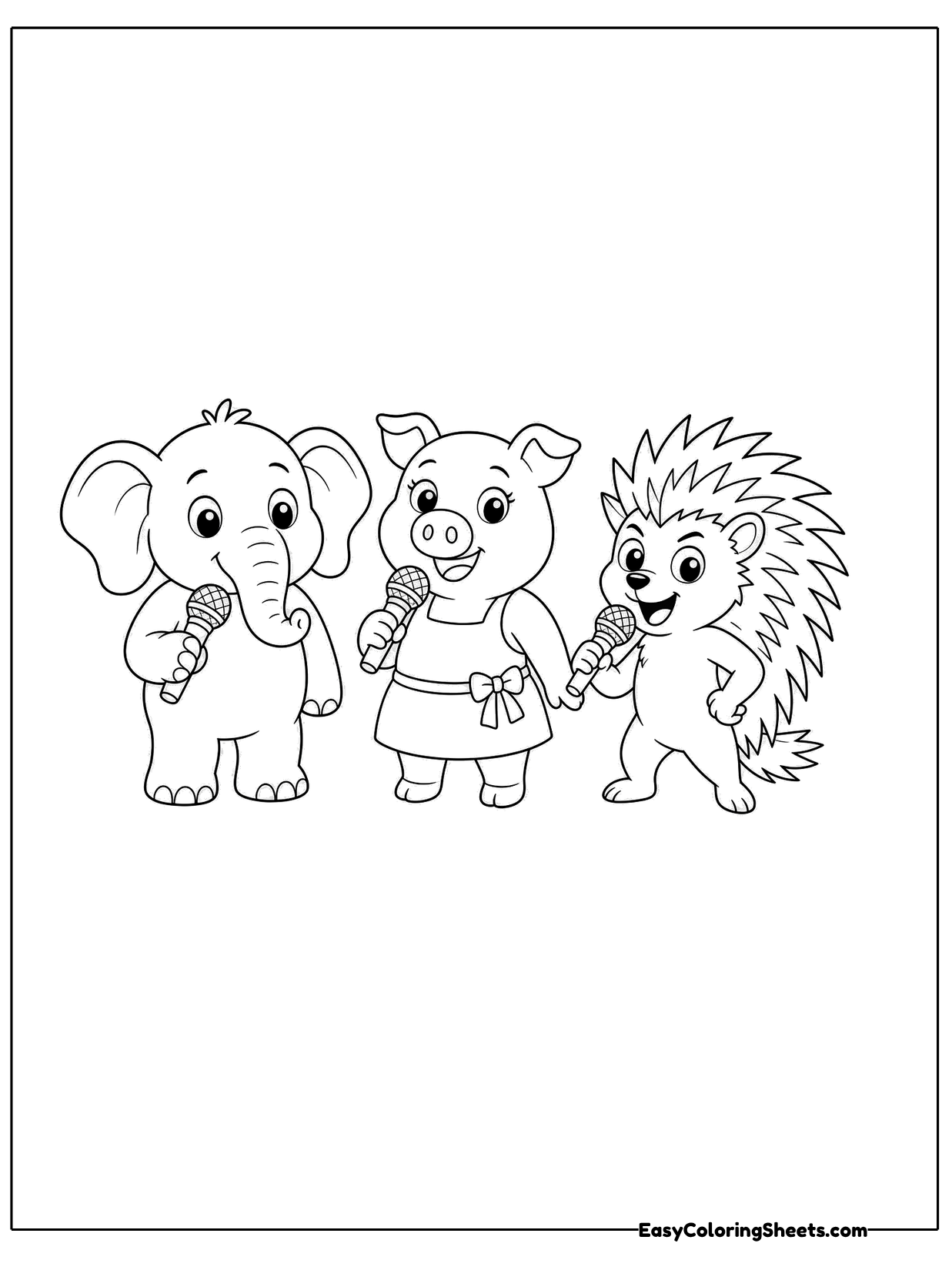 Three animal friends, an elephant, a pig and a porcupine, stand in a row singing into microphones.