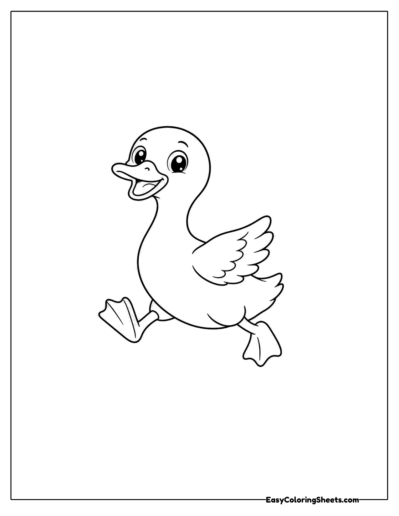 A duck runs along with one foot lifted and its wings tucked back as it hurries across the page.