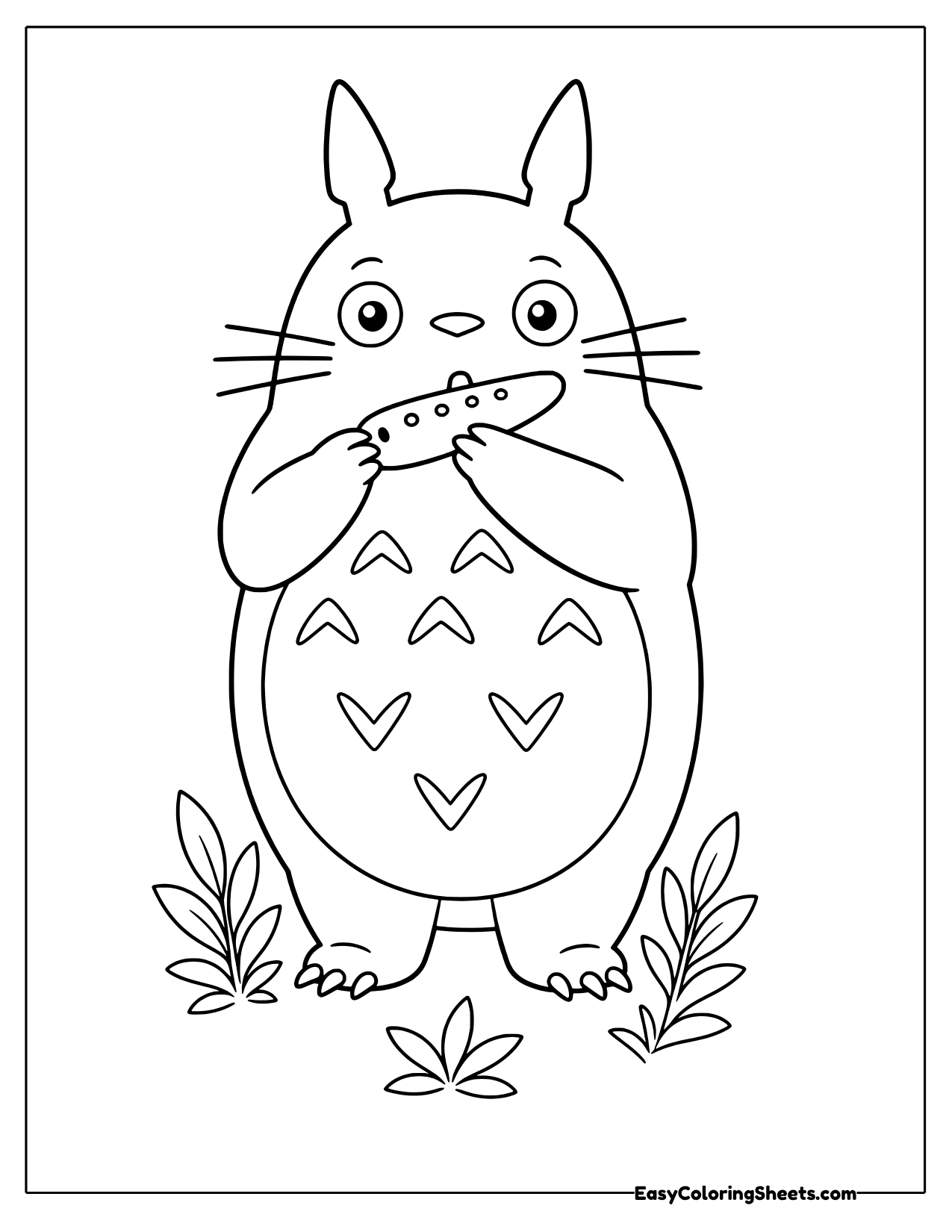 Totoro standing among small plants and playing a little ocarina