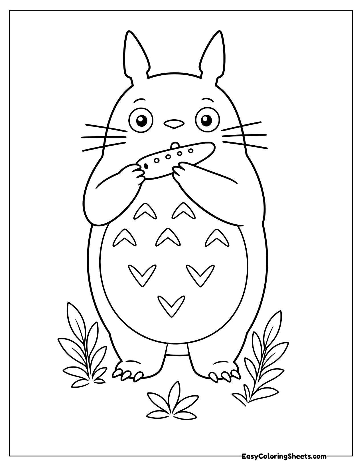 Totoro standing among small plants and playing a little ocarina