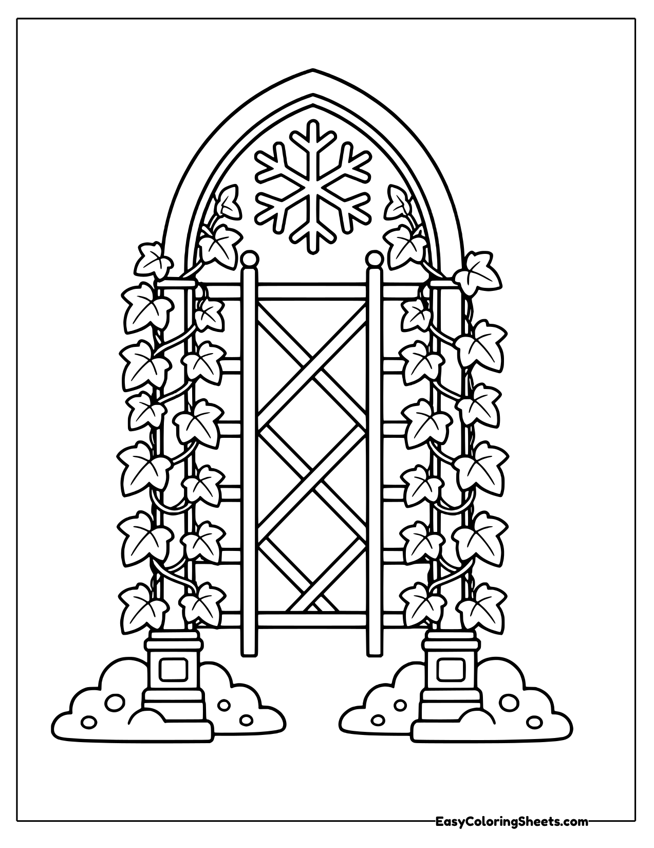 Arched garden trellis wrapped in ivy with a snowflake window
