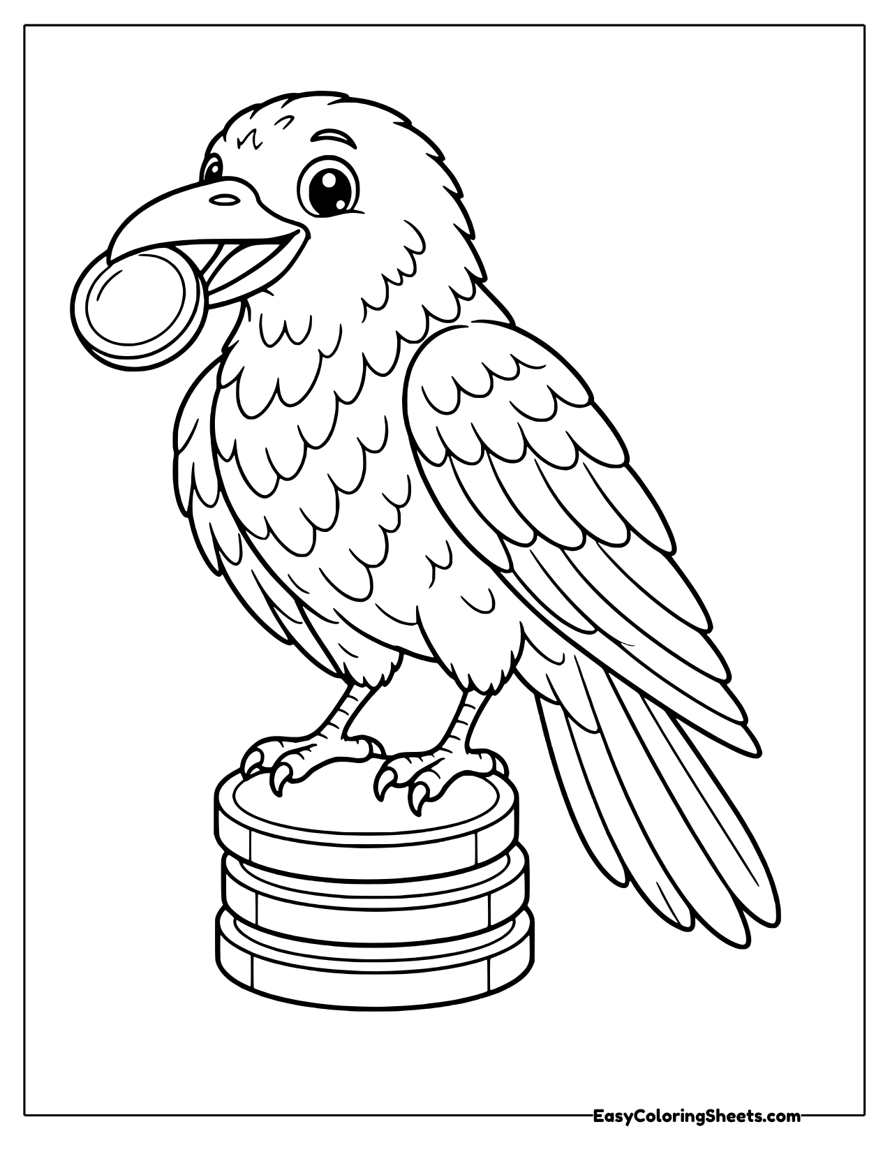Raven holding a shiny coin above a coin pile