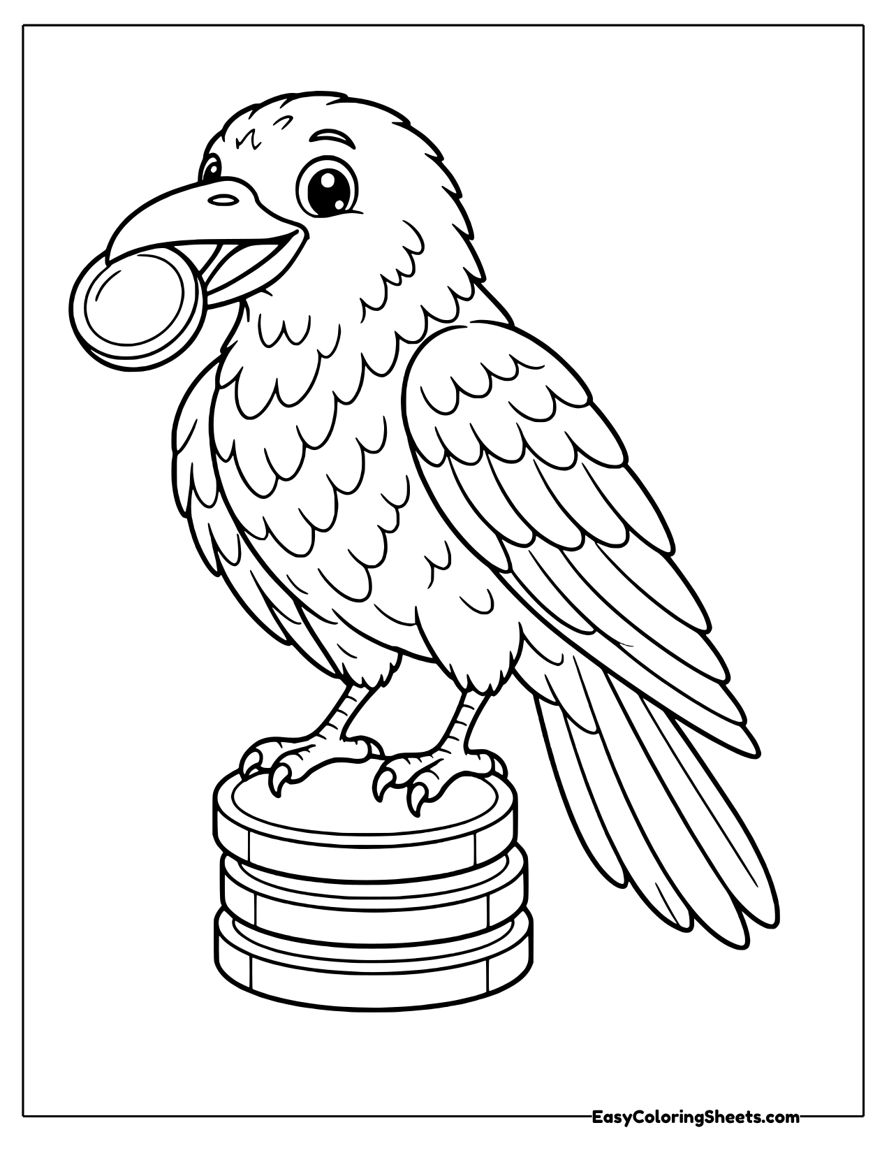 Raven holding a shiny coin above a coin pile