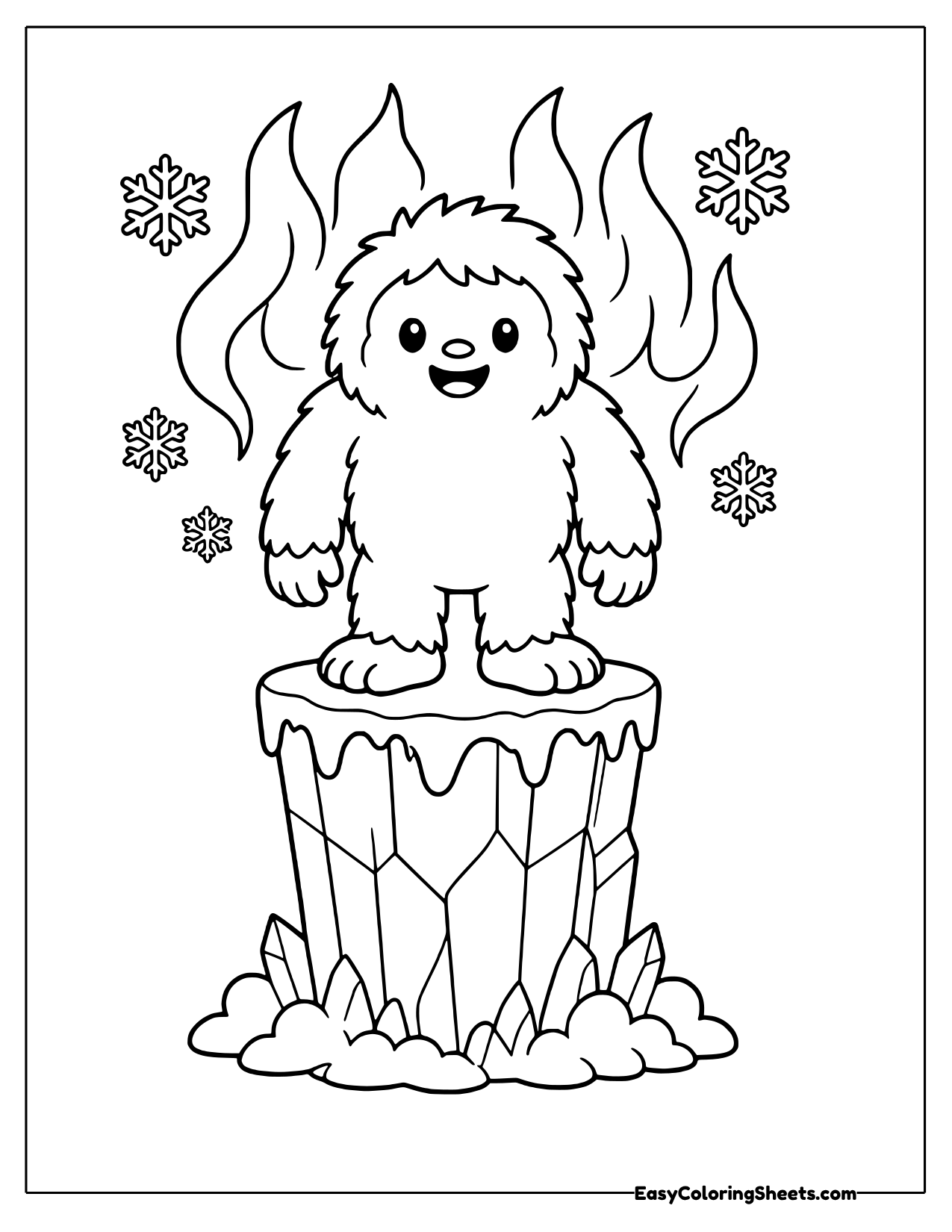 Yeti on an ice pedestal with snowflakes
