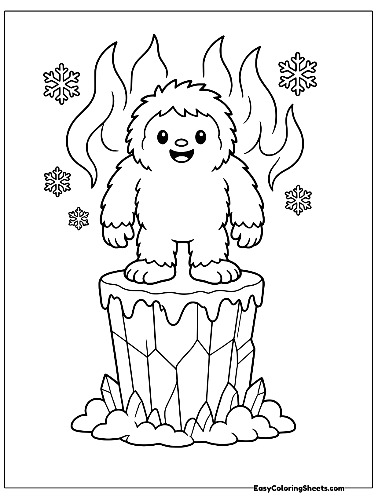 A yeti stands on top of an icy crystal pedestal with flame-like ice shapes behind it and snowflakes around.