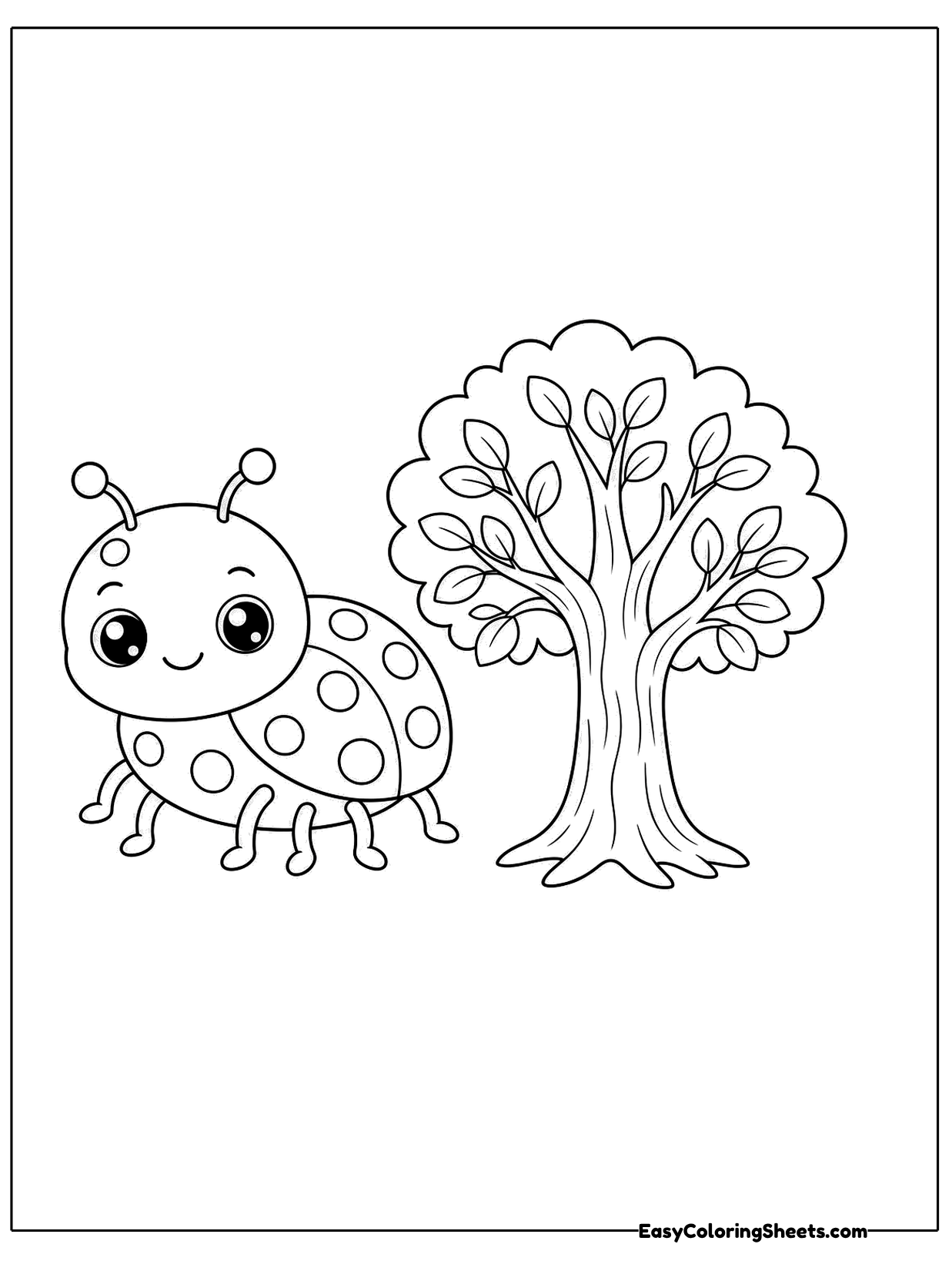 A smiling ladybug stands beside a small tree with a round leafy crown and a twisting trunk.