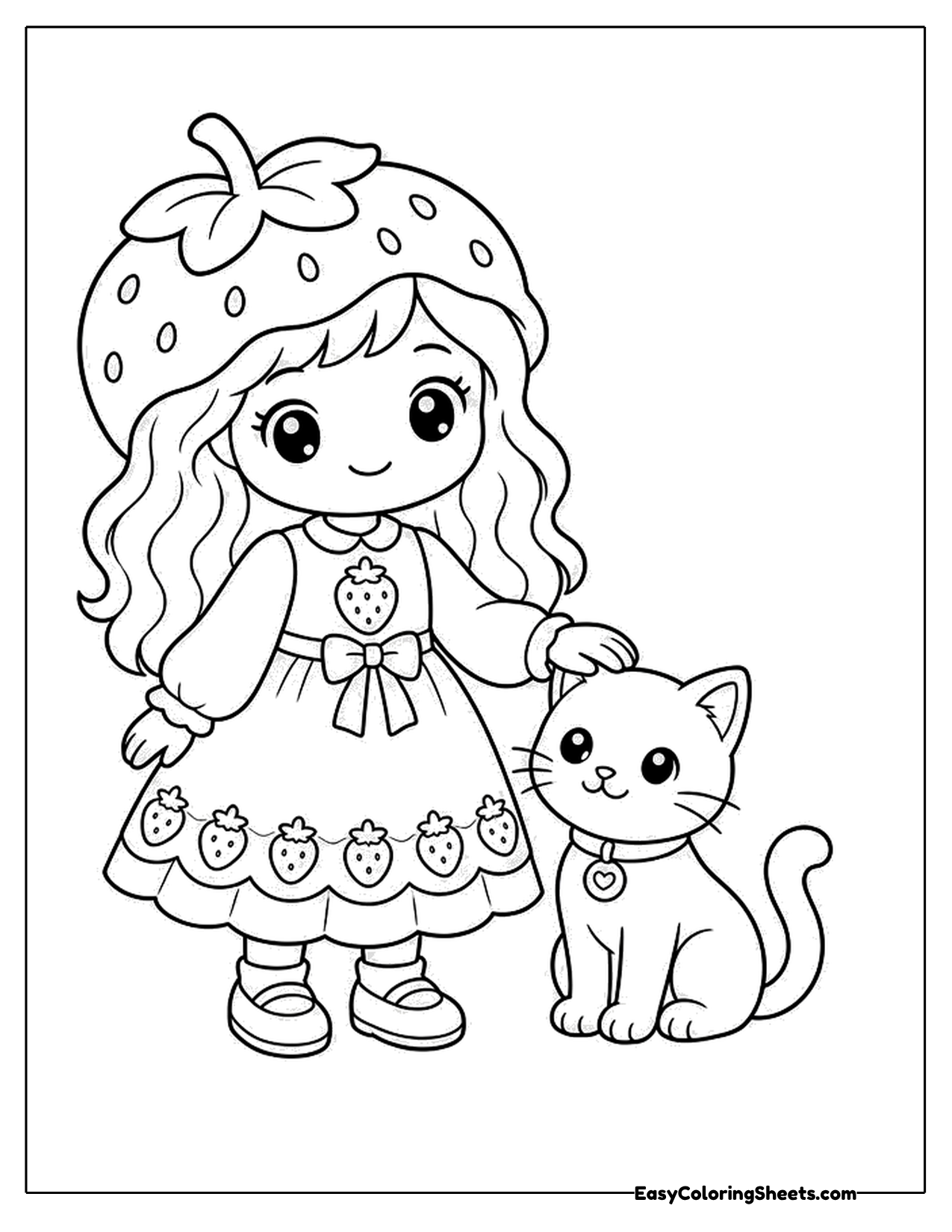 Girl in a strawberry outfit with a kitten beside her