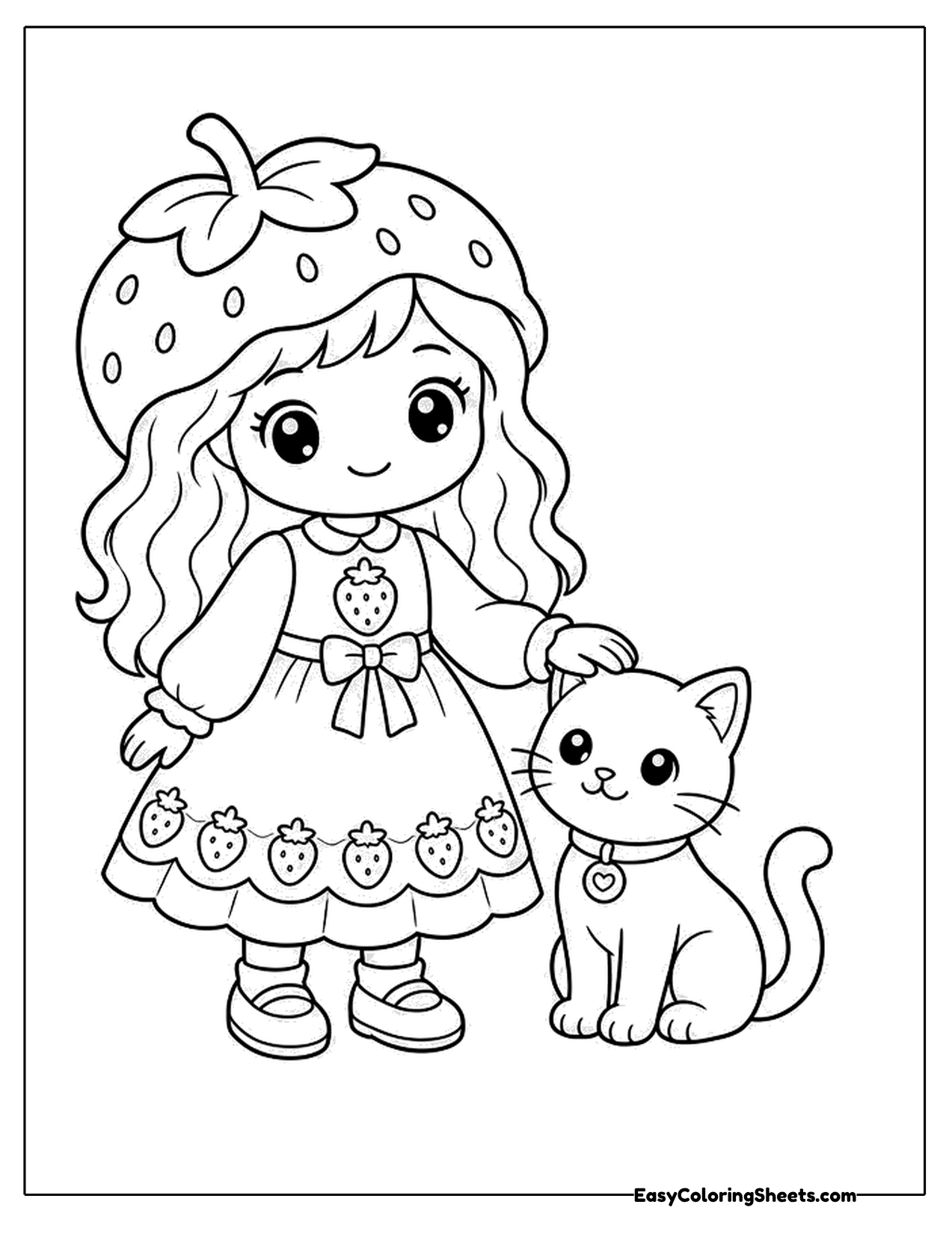 Girl in a strawberry outfit with a kitten beside her