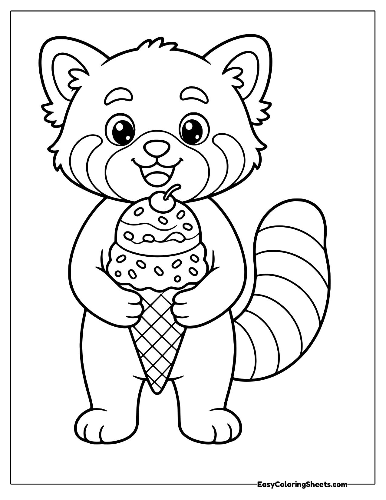 Red panda holding an ice cream cone with sprinkles and a cherry