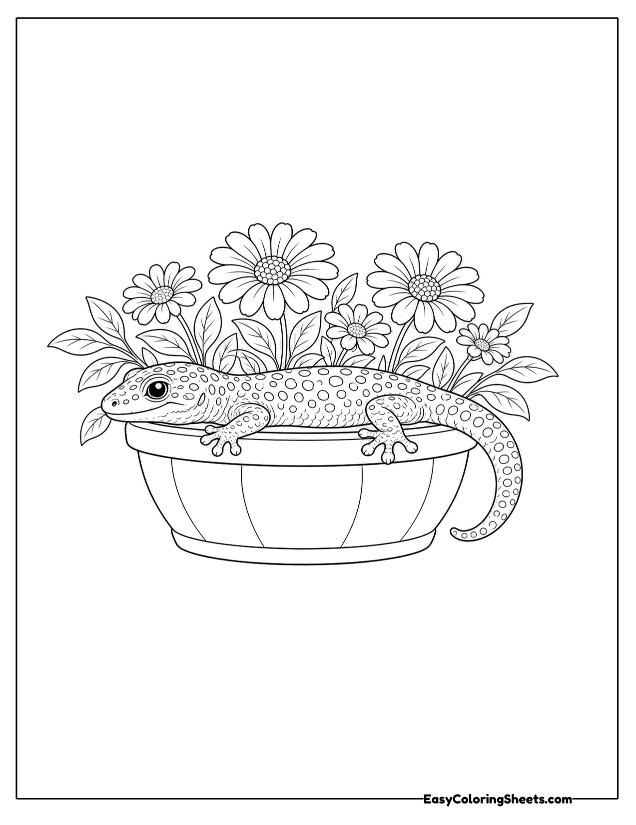 Gecko lounging in a flower pot with blooming daisies