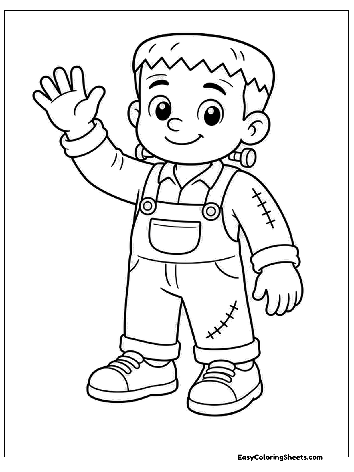 A friendly monster in overalls with neck bolts waves with one hand and smiles widely.