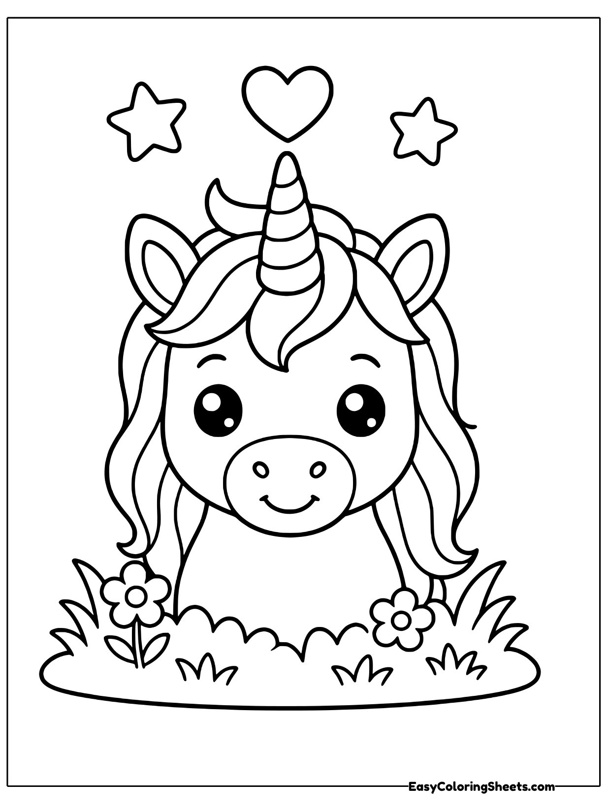 A unicorn's head rests above a patch of flowers, with its mane flowing up and around its horn.