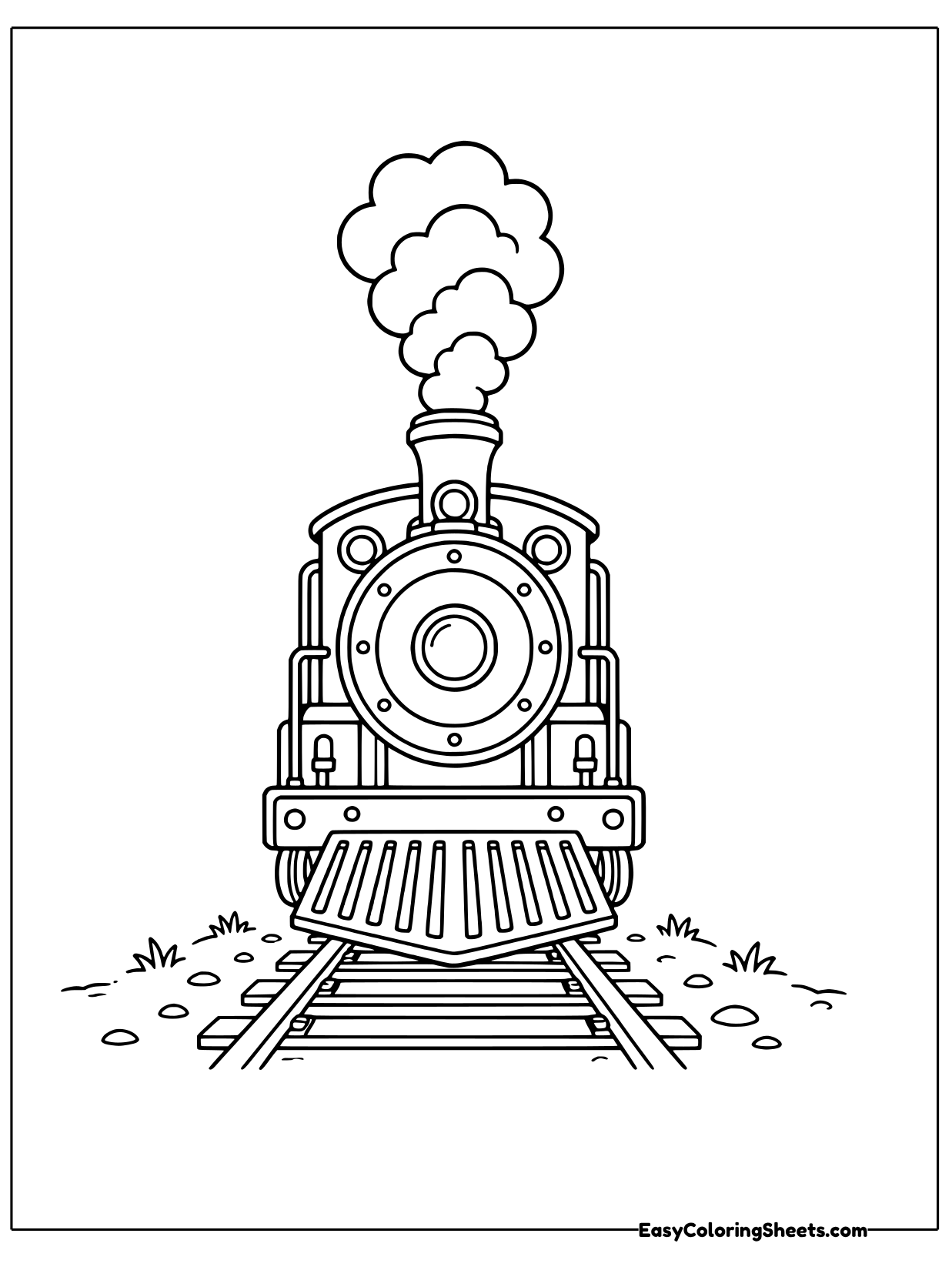A steam locomotive faces forward on the tracks with a big cloud of smoke billowing from its stack.
