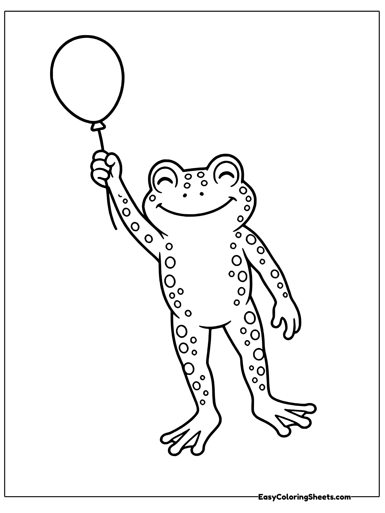 A smiling toad with bumpy, spotted skin holds the string of a round balloon floating high above its head.