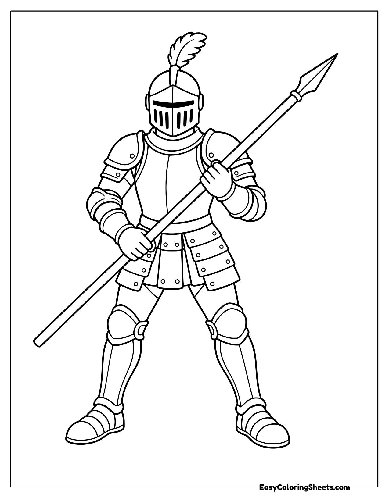 Knight in full armor with a plumed helmet holding a long spear
