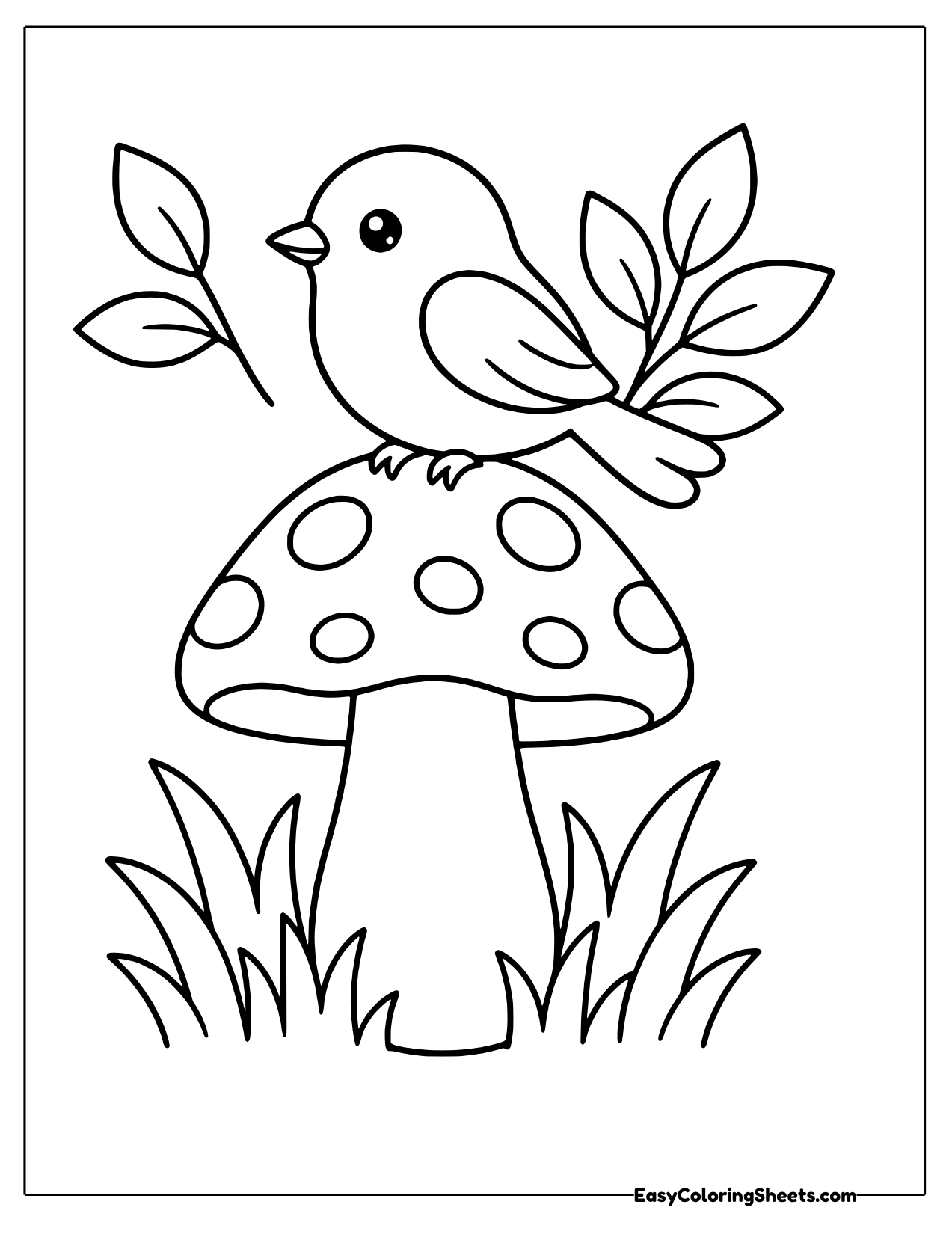 Bird perched on a spotted mushroom
