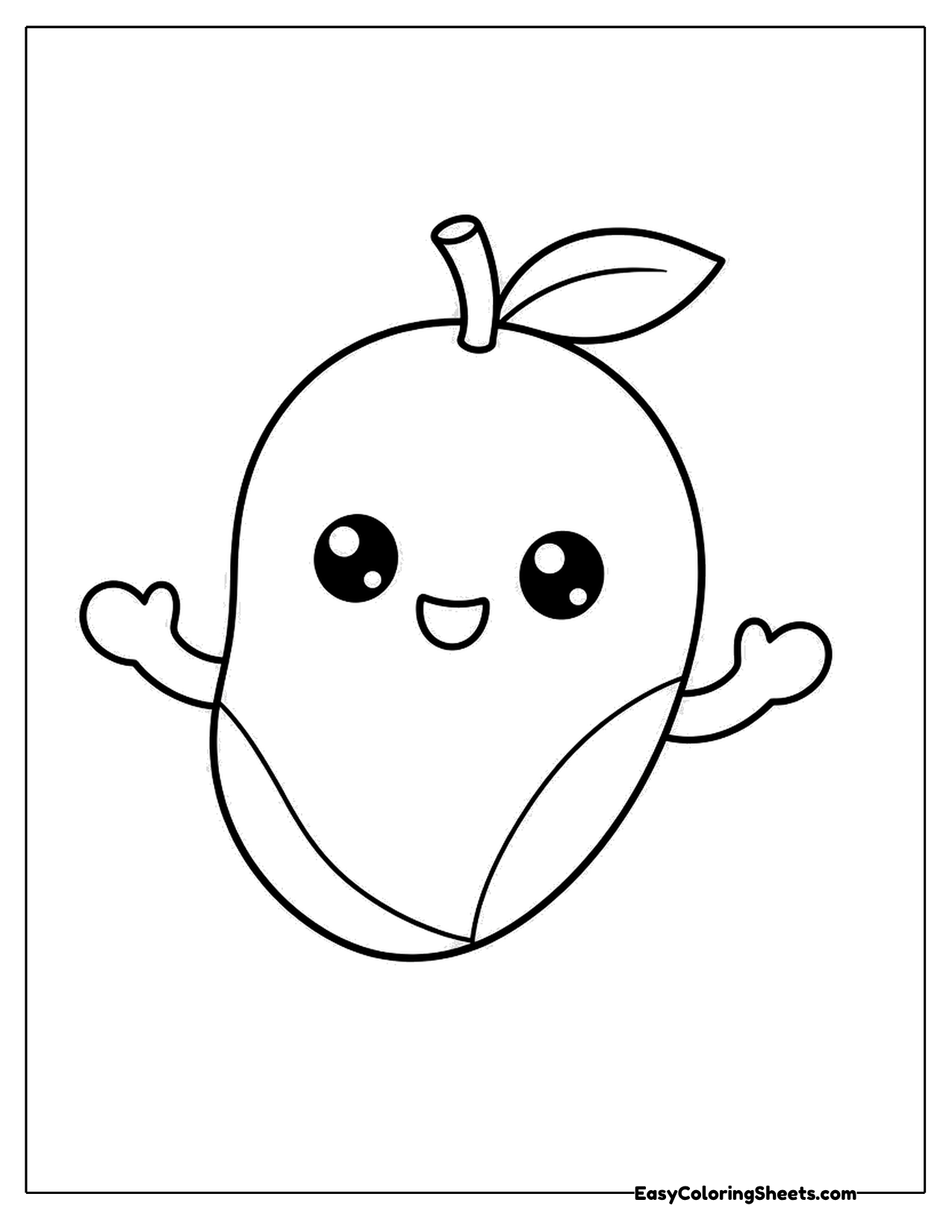 Cartoon mango character with a leaf and smile