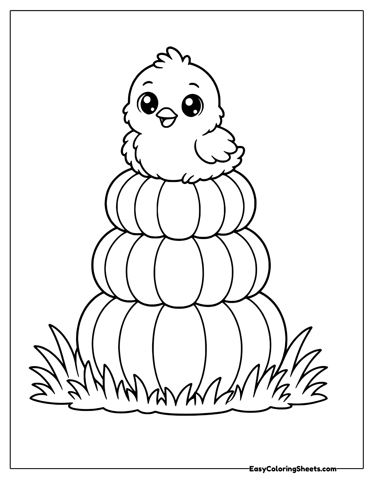 Chick sitting on three stacked pumpkins