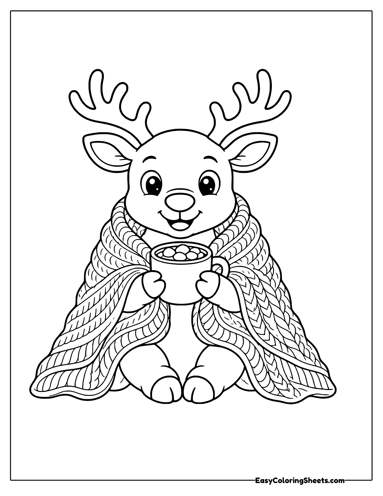 Reindeer wrapped in a blanket with cocoa