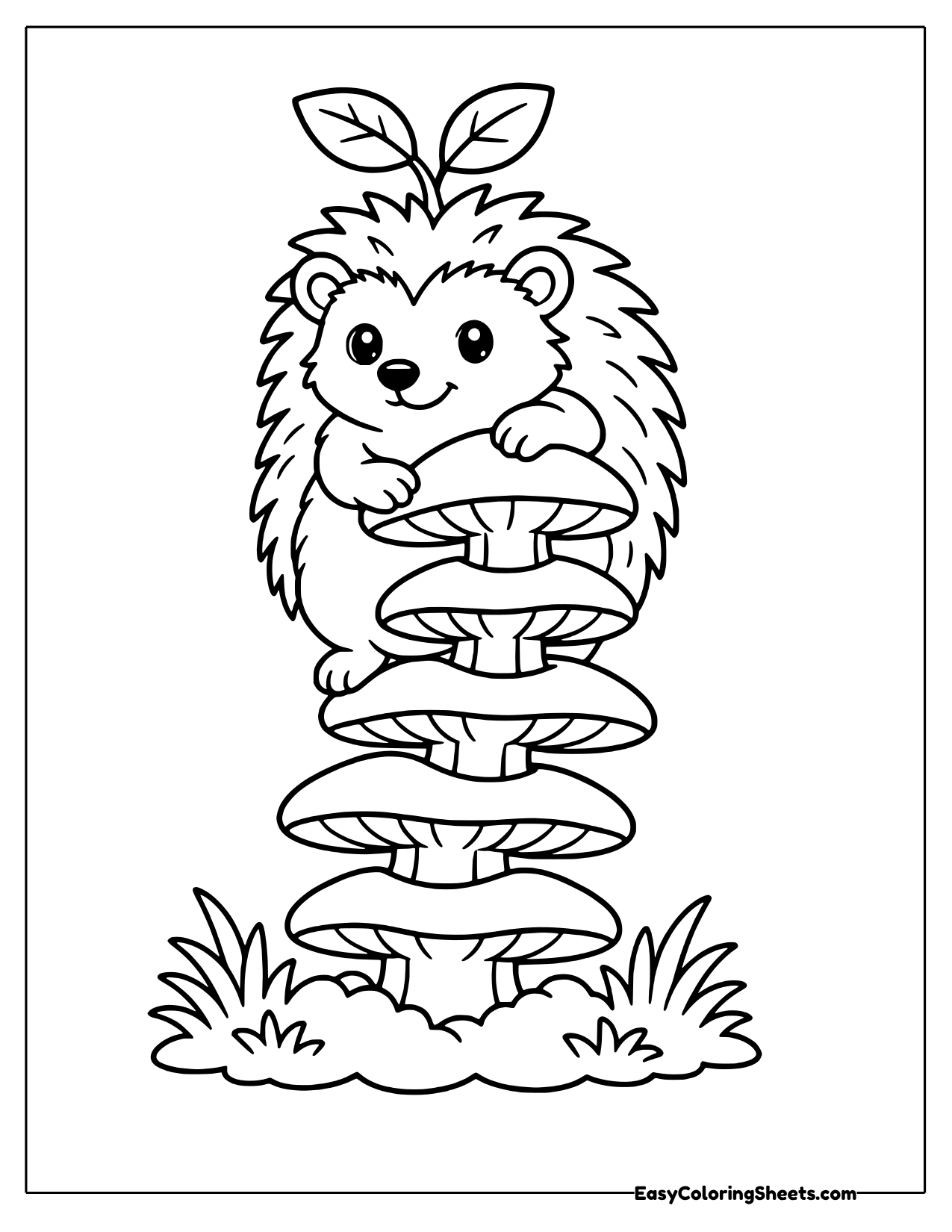 Hedgehog climbing a tall stack of mushrooms