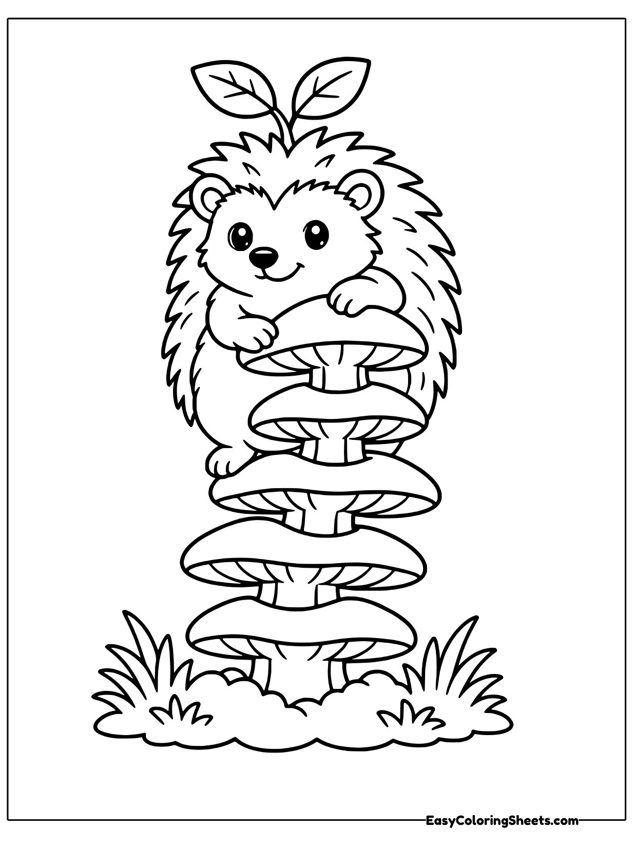 A curious hedgehog perches on top of a tower of stacked mushroom caps, with grass and small plants at the base.