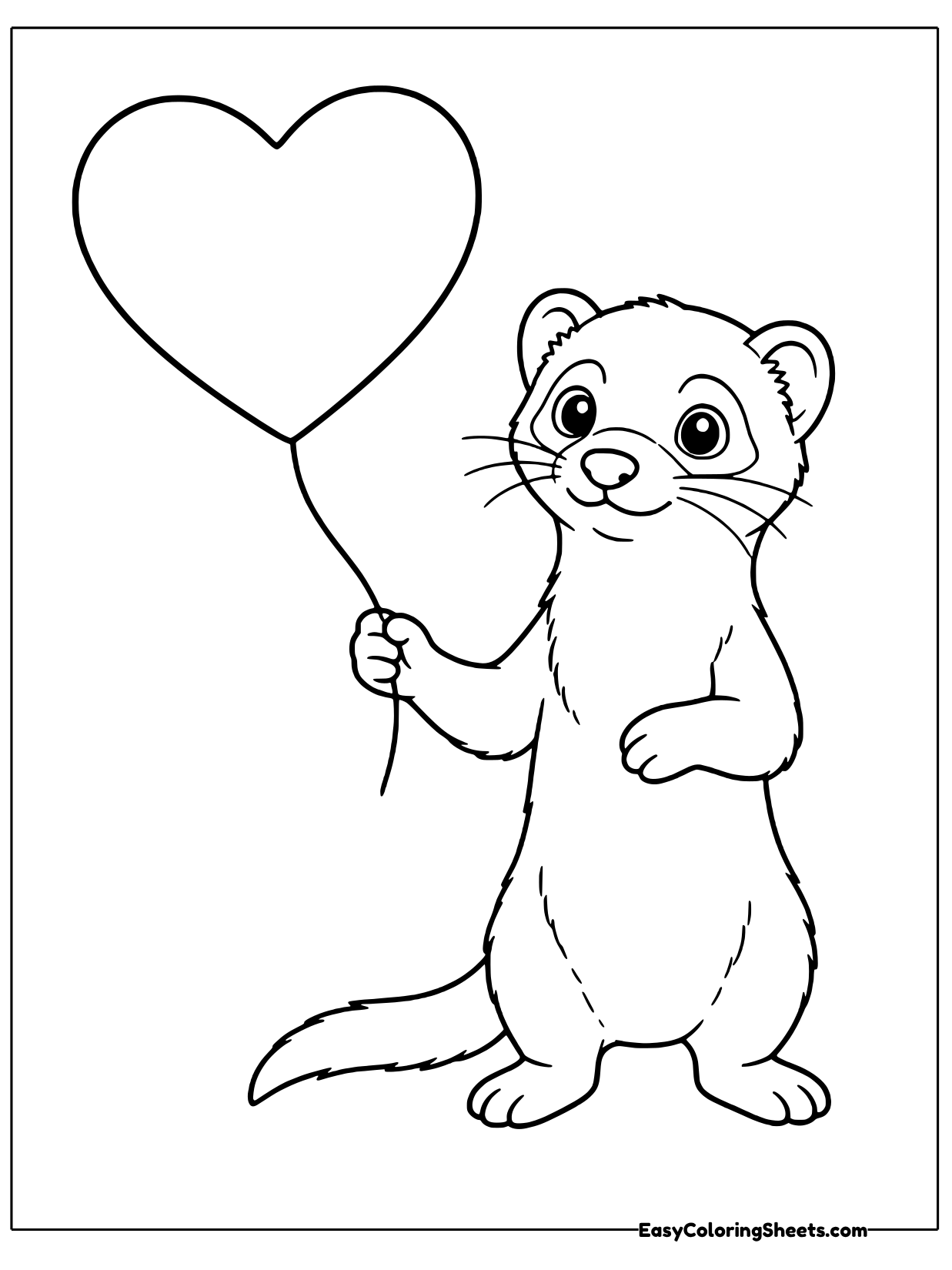 An upright ferret grips the string of a big heart balloon that floats above its head.
