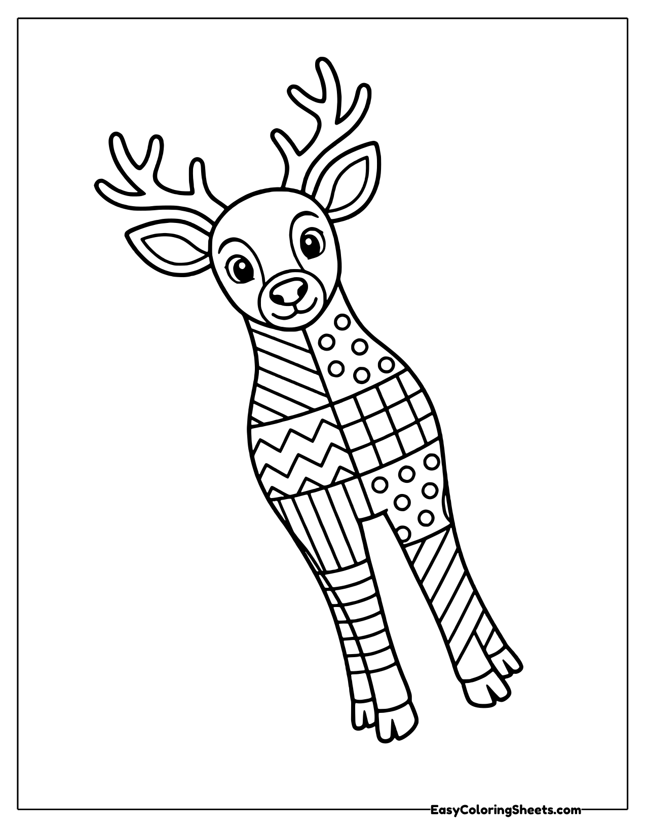 Leaping deer with antlers made of patchwork blocks of zigzags, stripes and dots