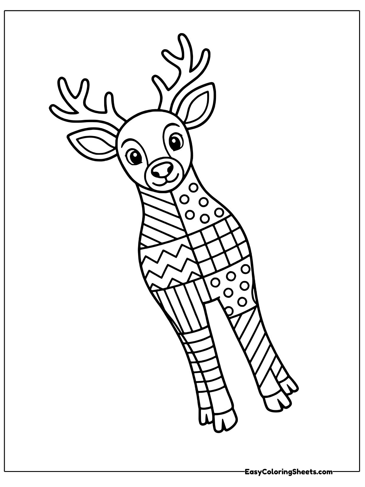 A young deer with branching antlers leaps forward, its body stitched together from big patchwork blocks.