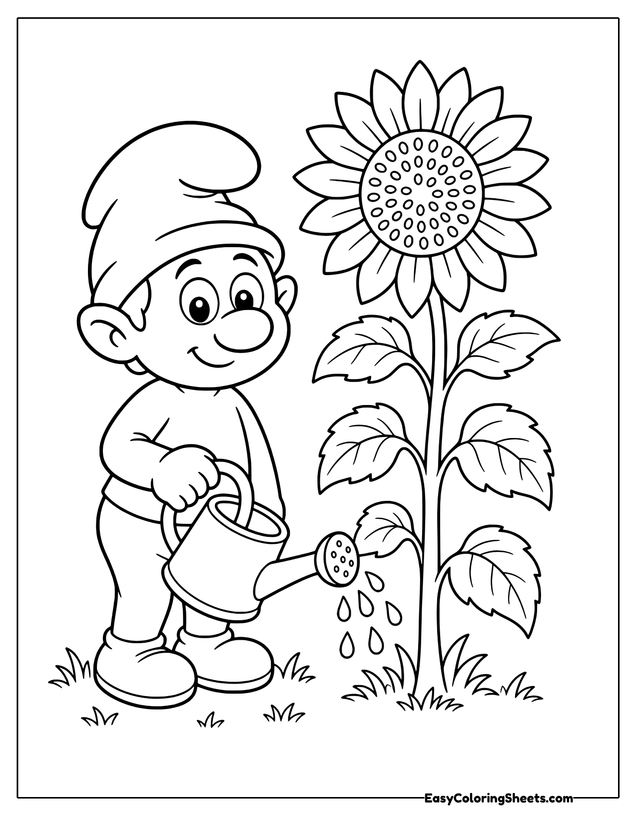 A Smurf pouring water from a watering can onto a tall sunflower growing in the grass