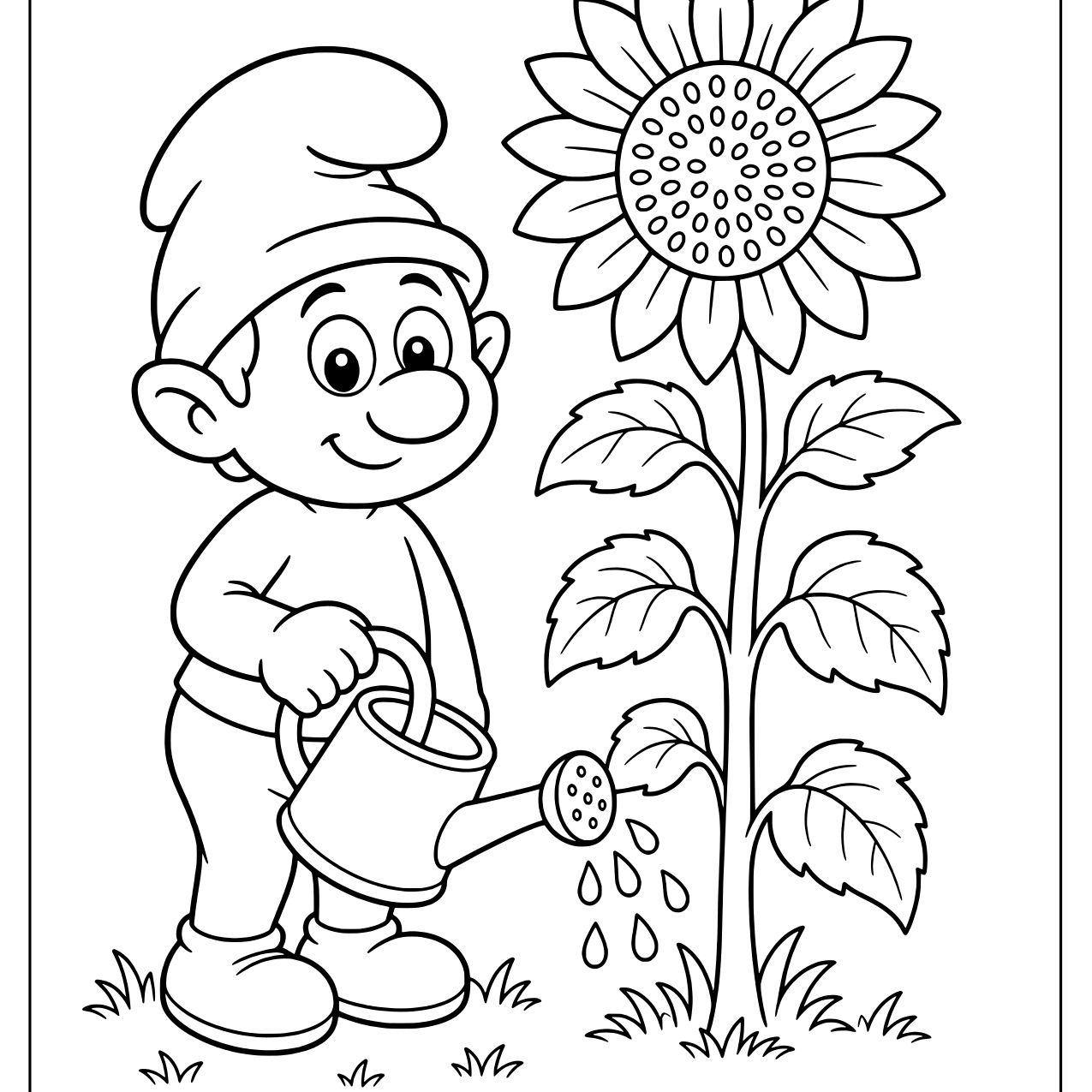 A Smurf pouring water from a watering can onto a tall sunflower growing in the grass
