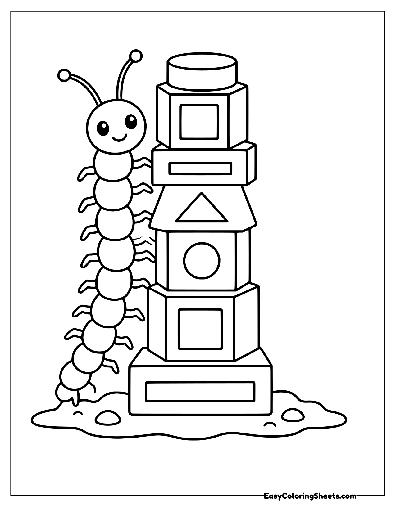 A cartoon centipede climbs beside a tall tower of toy blocks marked with circles, triangles and squares.