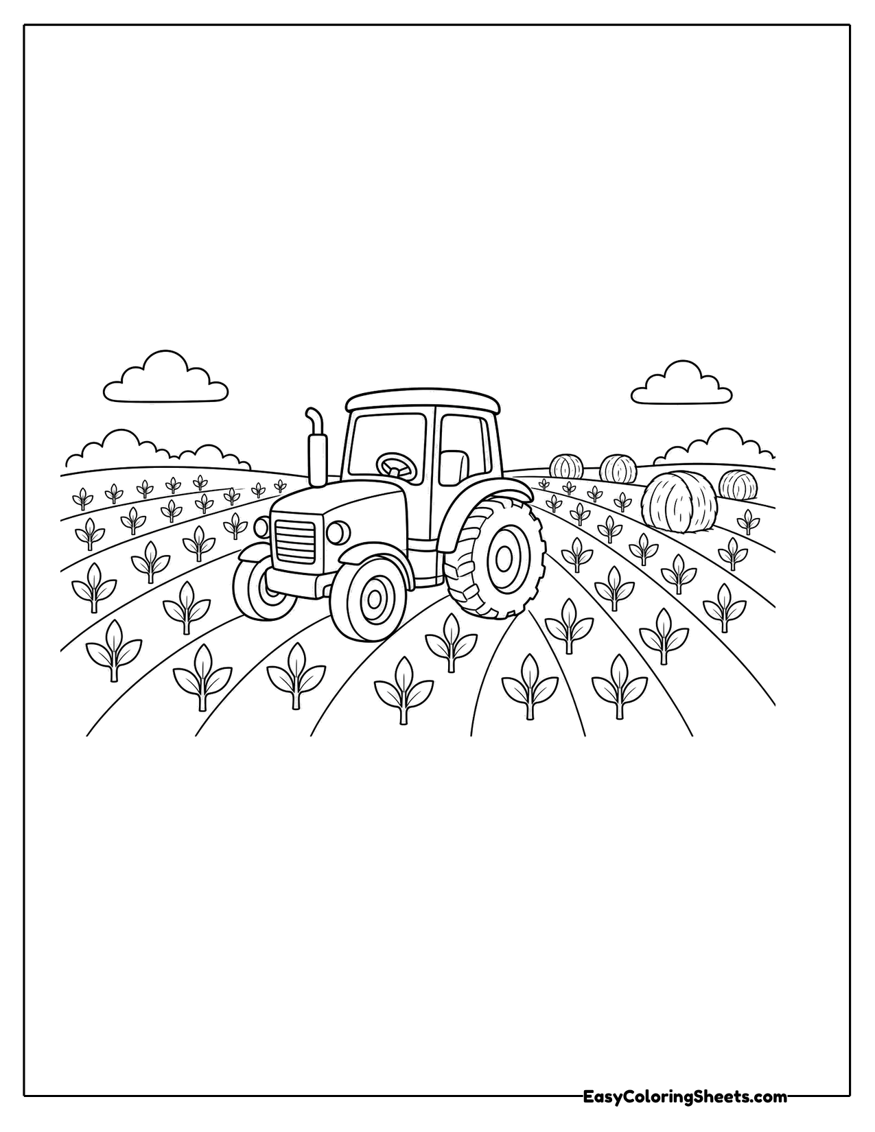 Tractor driving through rows of crops