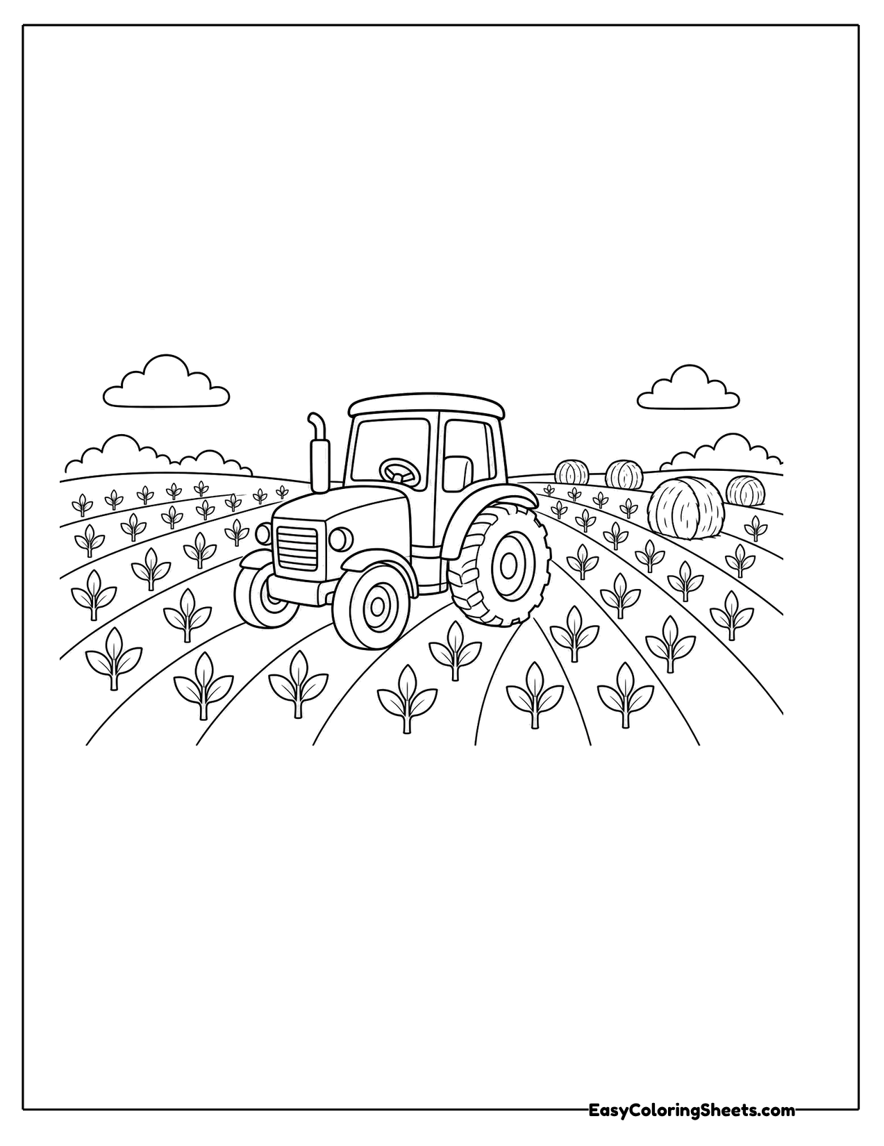 Tractor driving through rows of crops