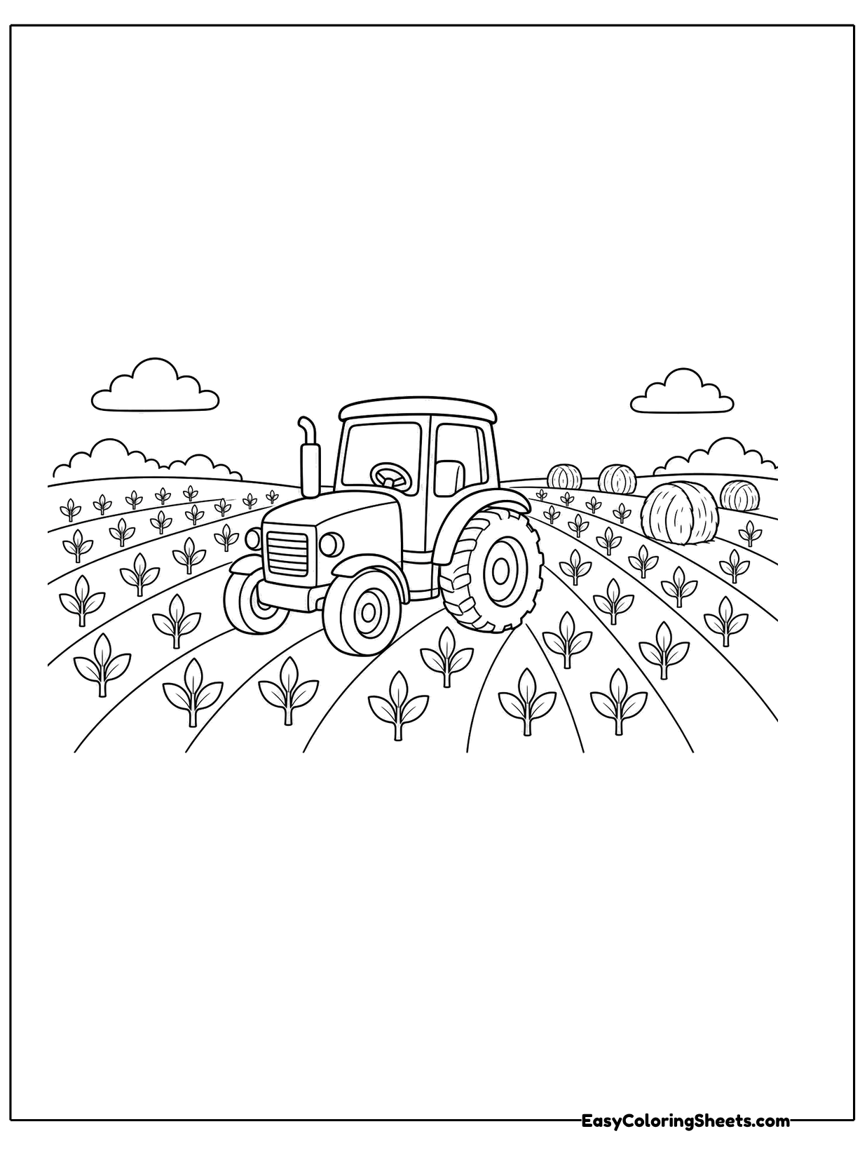 A tractor drives across a field lined with rows of crops and trees in the distance.