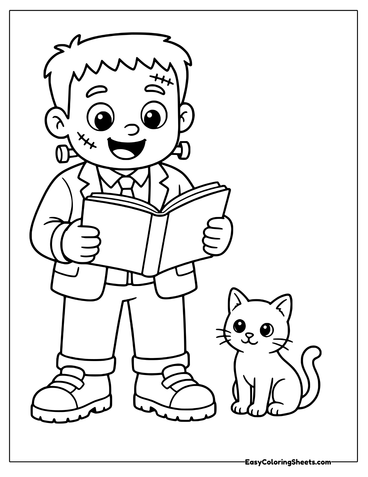 Monster reading an open book beside a small sitting cat